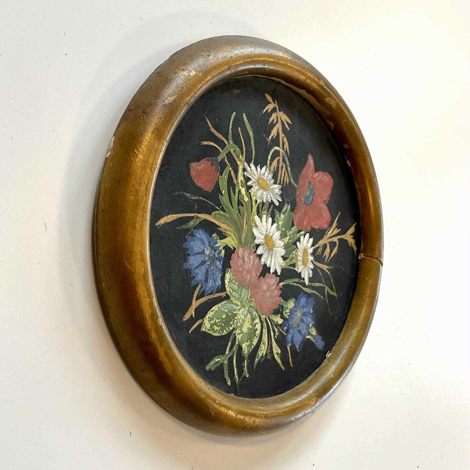 Antique Cute Round Oil Painting With Motive Of Wild Scandinavian Summer Flowers In Great Colours photo for sale