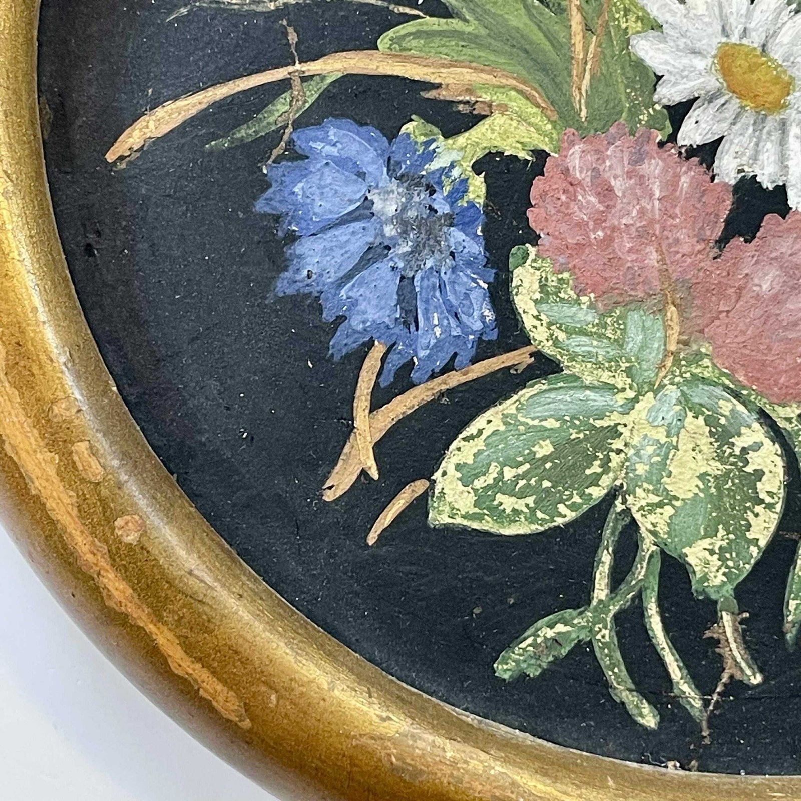 Antique Cute Round Oil Painting With Motive Of Wild Scandinavian Summer Flowers In Great Colours photo buy
