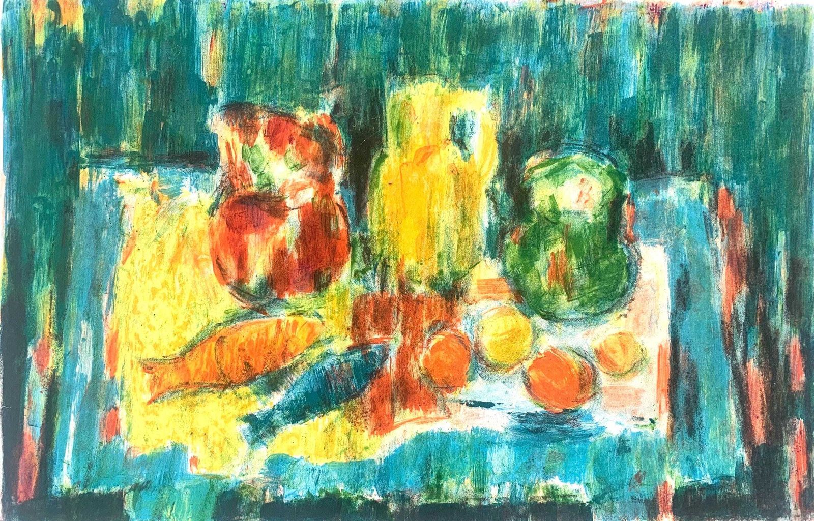 Danish Vintage Postmodern Colourful Litograph With Motive Of A Table Setting By Artist Kai Lindemann (1931 2007)