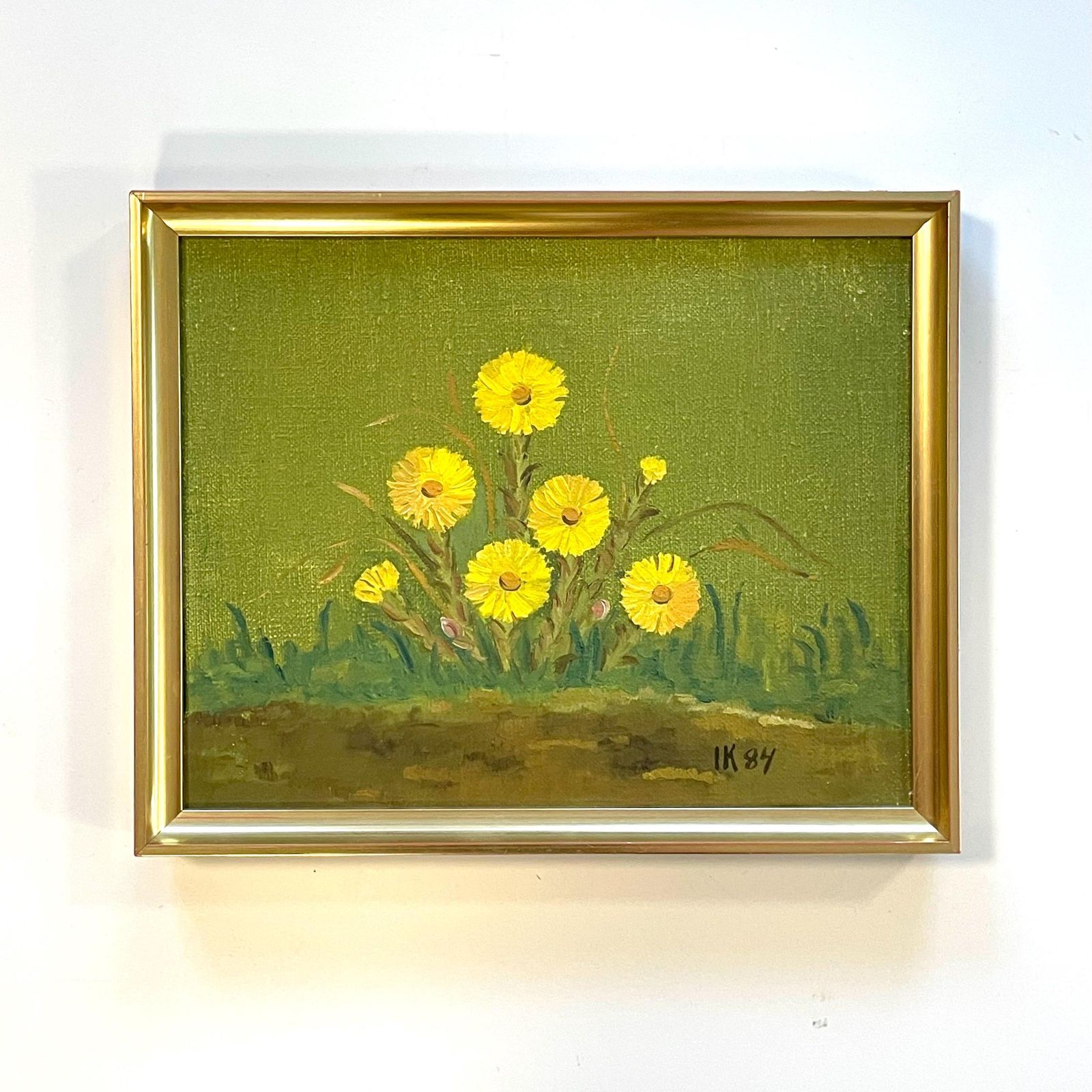 Still Life Vintage Postmodern Danish Original Oil On Canvas 1980s Painting With Yellow Flowers In The Garden With Green Background