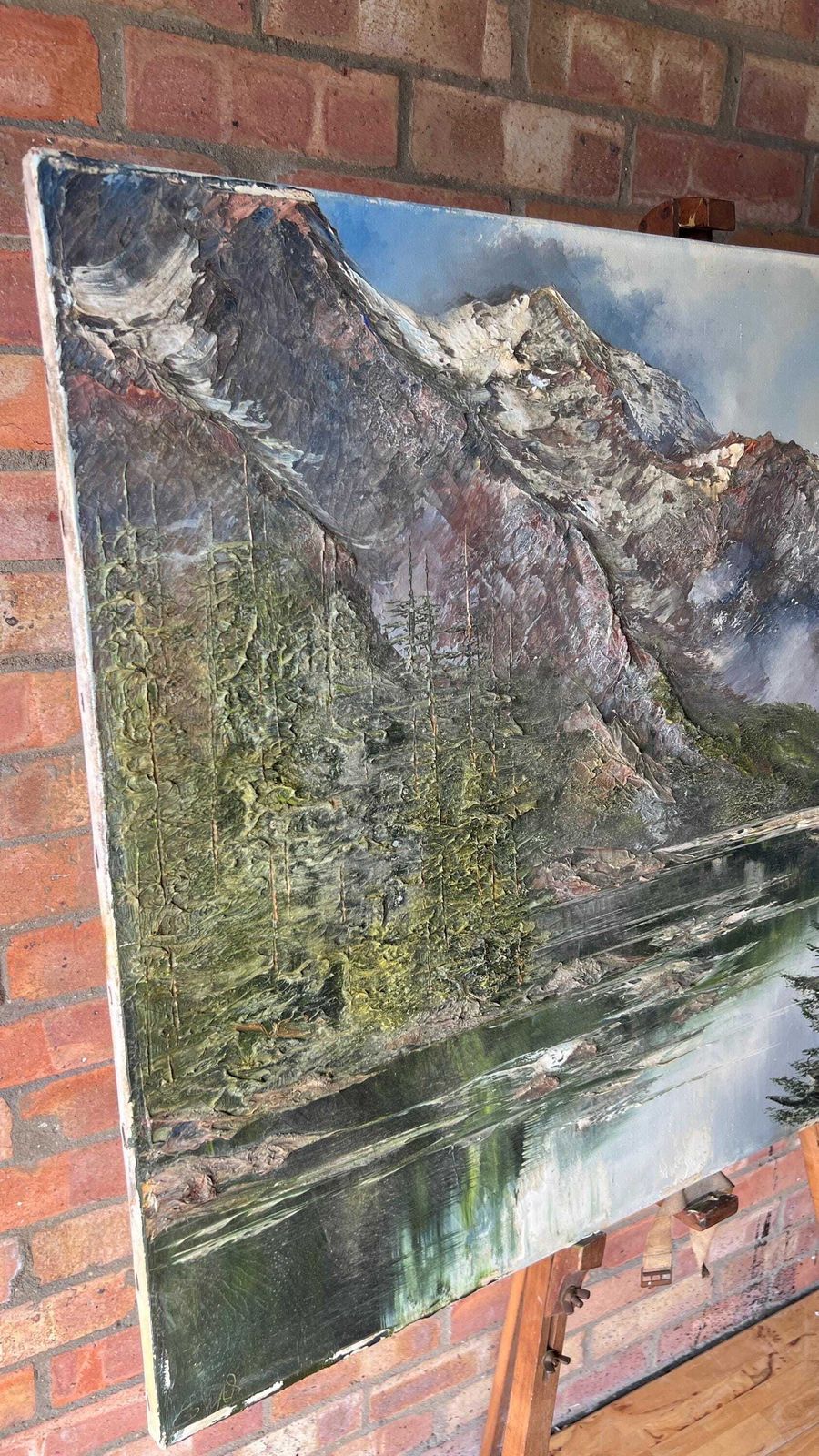 Vintage Signed Textured Oil Painting Of Wieshorn Mountains, Switzerland — Alpine Landscape Art photo furniture