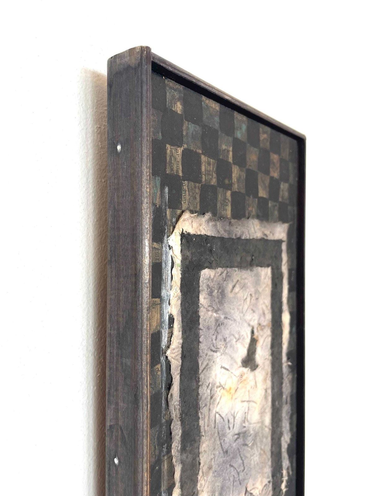 Danish Abstract Mixed Media Painting With Handmade Paper By Artist Marianne Weber   Original Art From Denmark In Dark Tones photo vinterior