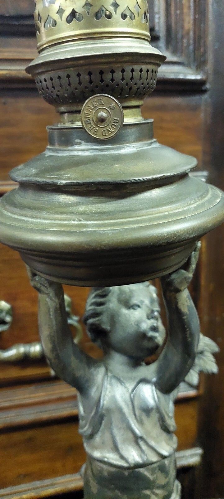 Antique Oil Lamp Putto 19th Century Antimony Brass Glass photo vinterior