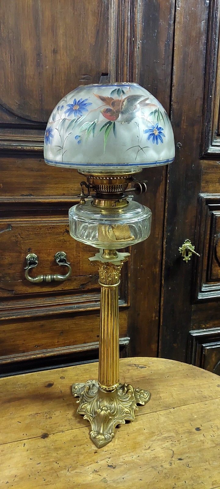 Antique Oil Lamp Bronze Golden Painted Glass XIX Century Original photo for sale