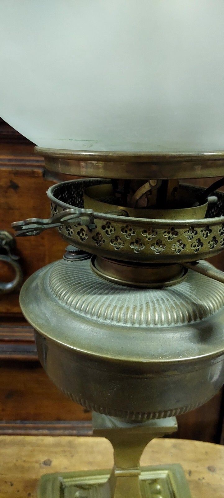 Large Antique Oil Lamp Brass XIX Century Etched Glass photo vinterior