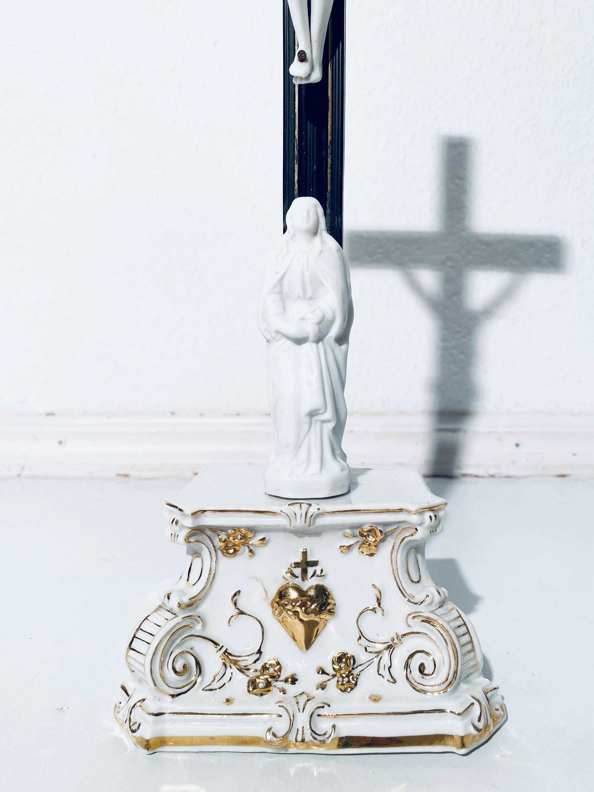 1900s Standing Porcelain Wood Crucifix / Jesus On The Cross / Antique Christian Religious Church Decor photo for sale
