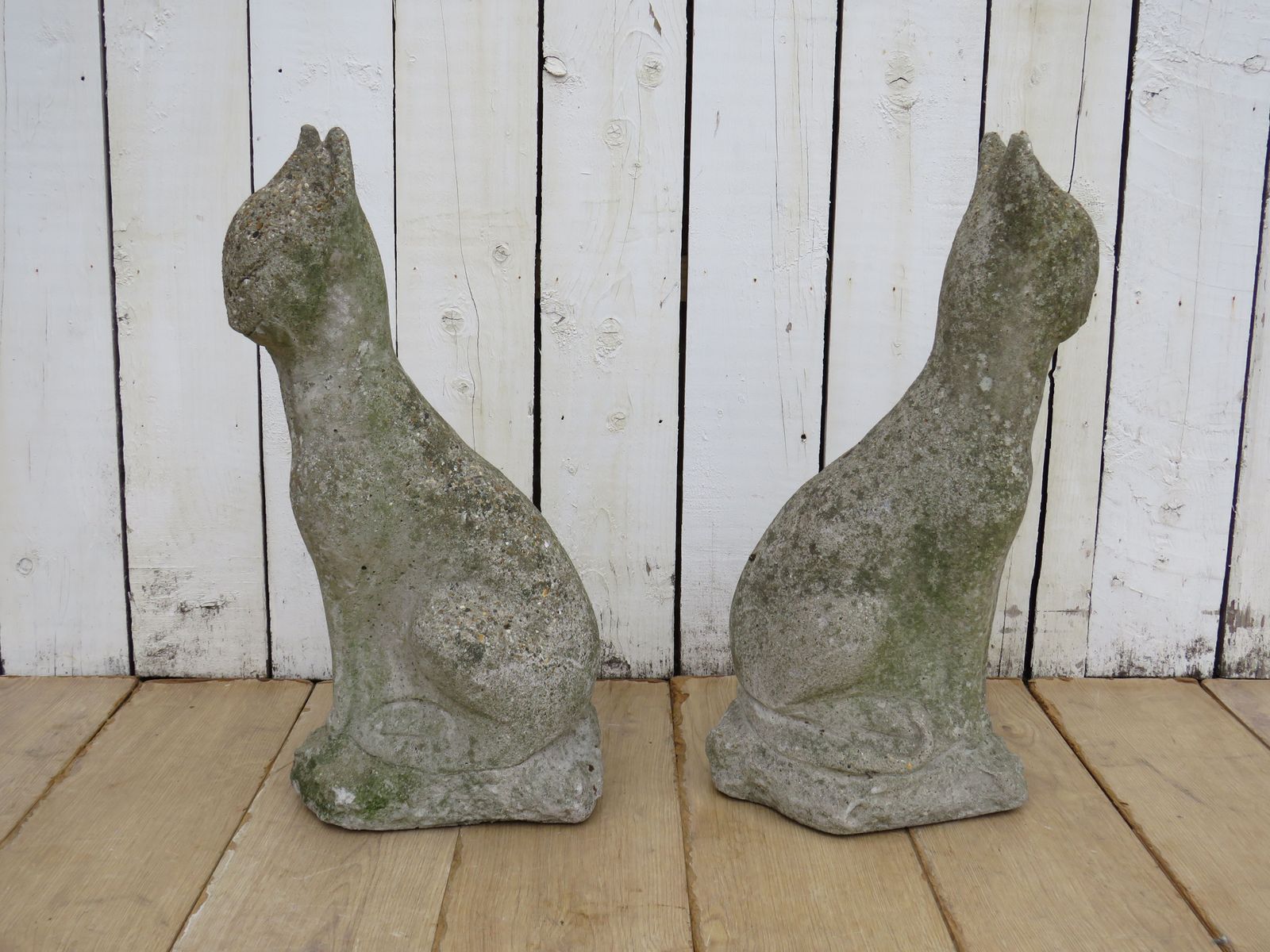 Pair Of Vintage English Weathered Garden Cat Ornaments photo Garden Decor