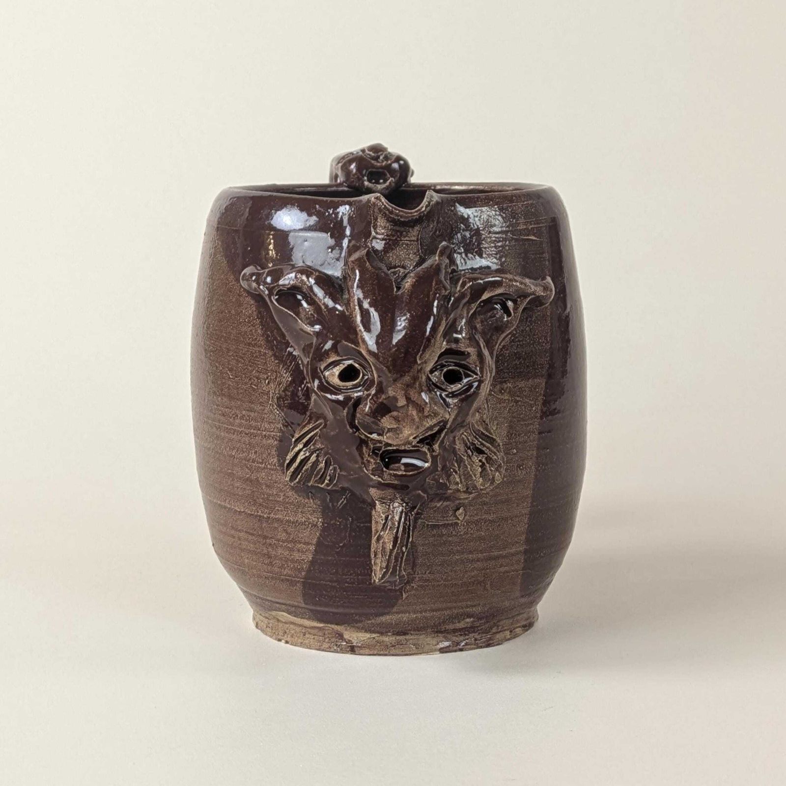 Vintage French Pottery Grotesque Devil Face Jug Signed Studio Art Stoneware Mug Large Satyr Mask Rustic Brown Folk Art Handmade Ceramic Cup photo furniture
