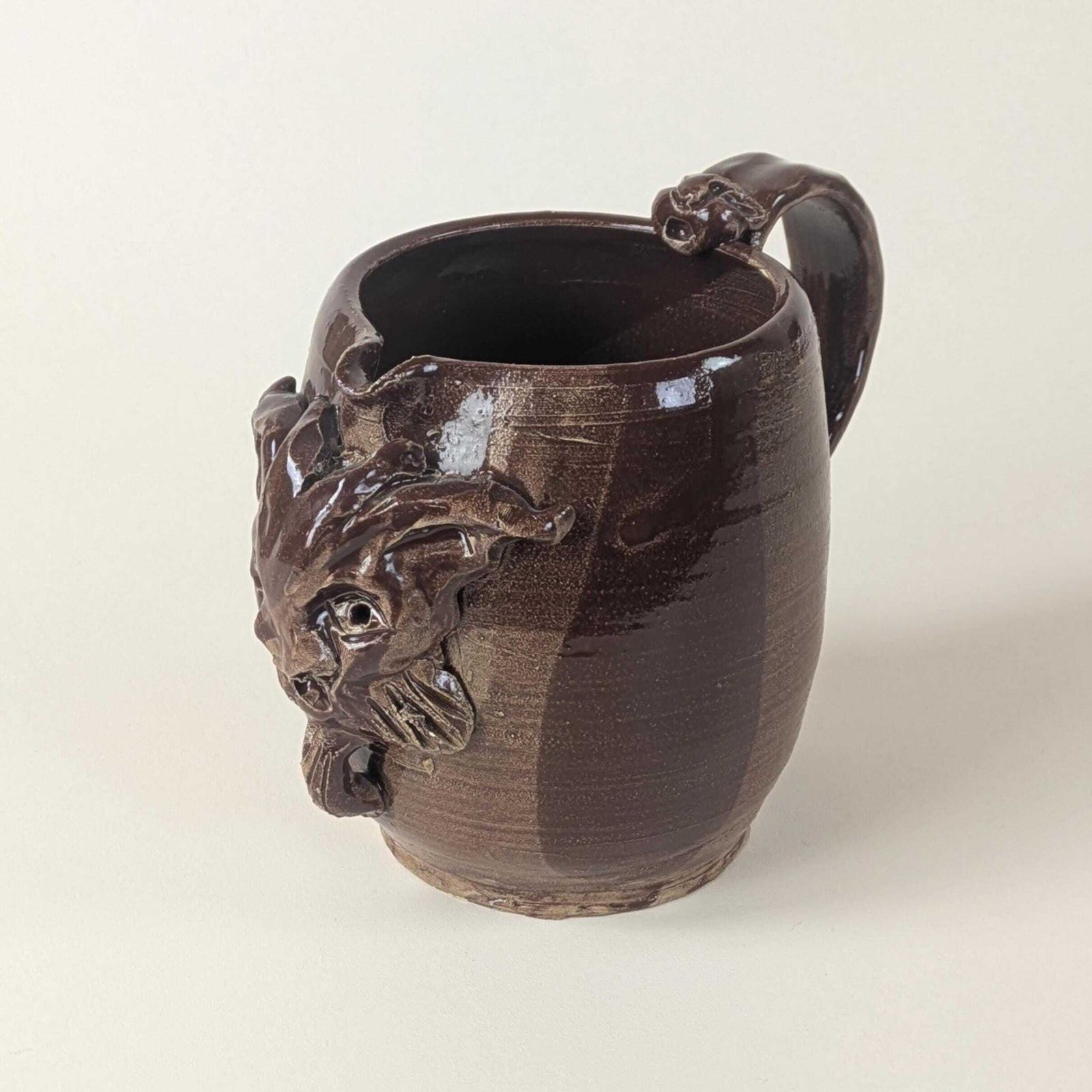 photo for sale Vintage French Pottery Grotesque Devil Face Jug Signed Studio Art Stoneware Mug Large Satyr Mask Rustic Brown Folk Art Handmade Ceramic Cup