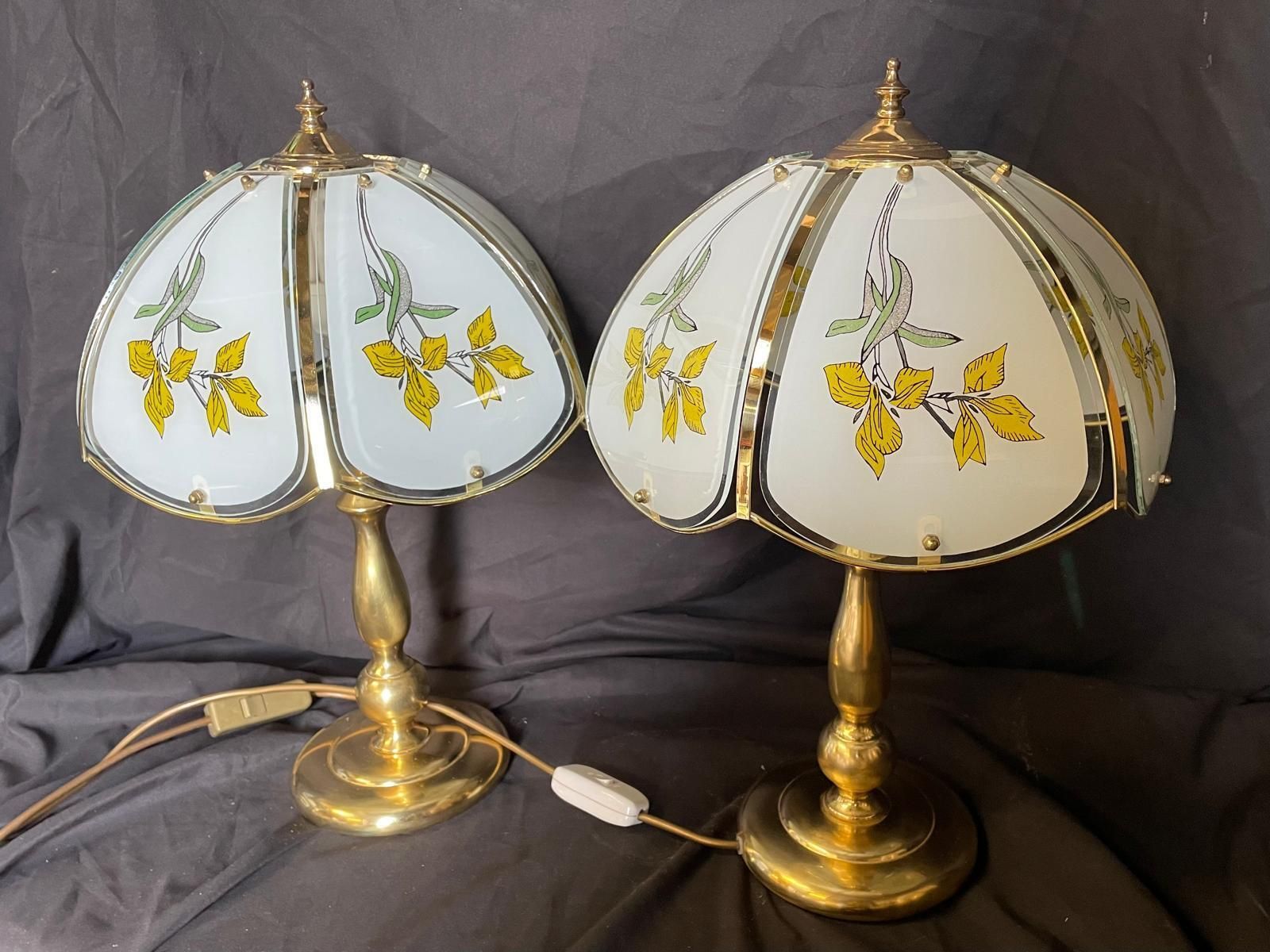 Elegant Vintage Brass Bedside Lamp With Floral Glass Shade, 1980s Ambient Lighting photo furniture