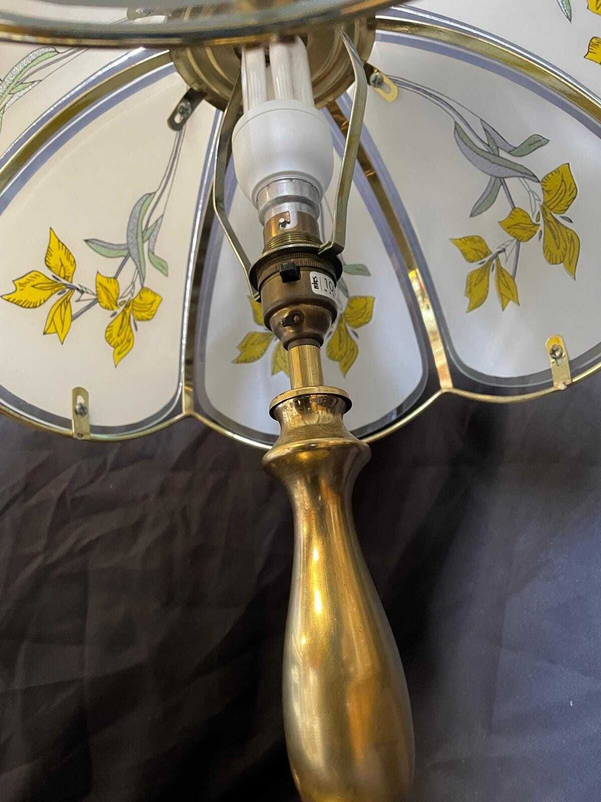 Elegant Vintage Brass Bedside Lamp With Floral Glass Shade, 1980s Ambient Lighting photo vintage