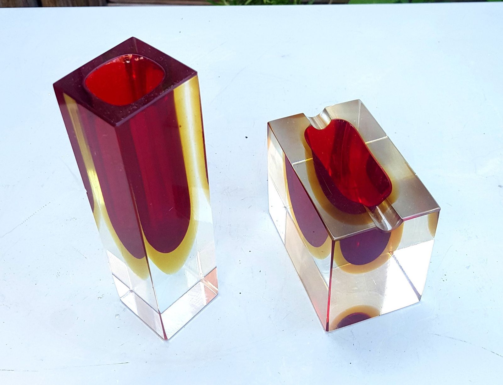 Sommerso Murano Glass Vase And Ashtray In Red And Yellow, 1950s photo furniture