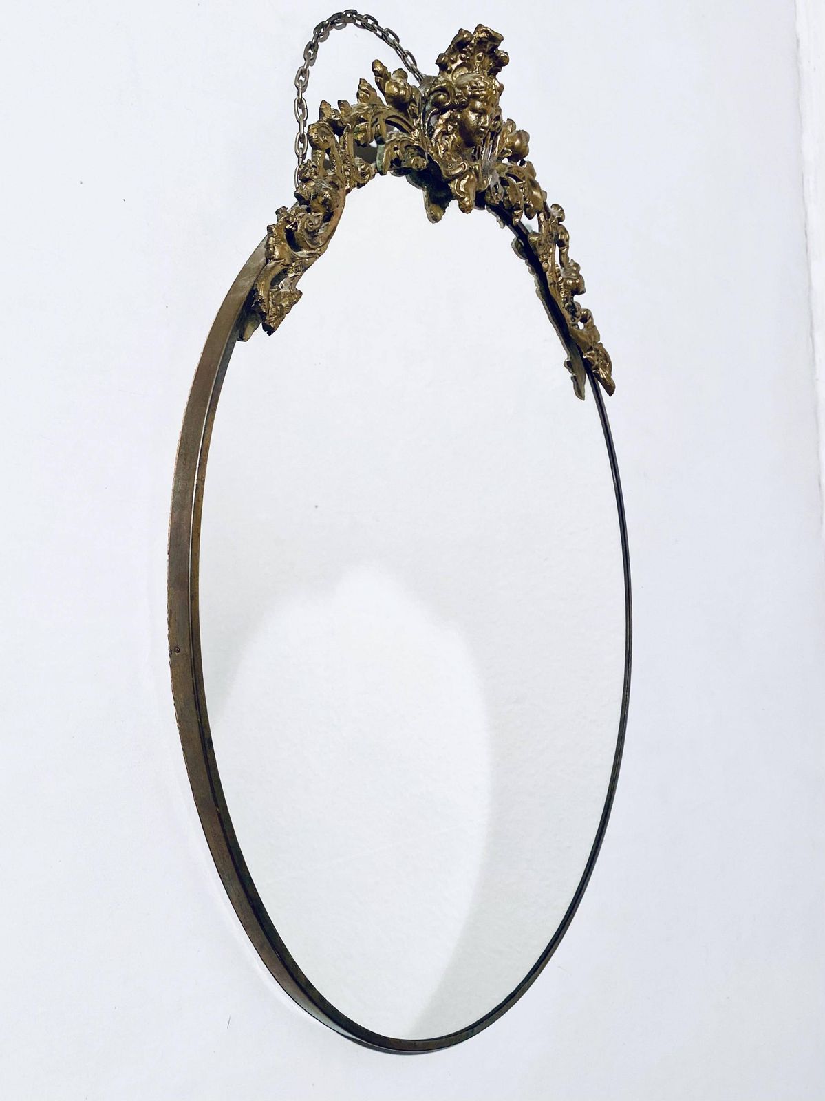 Antique Art Nouveau Wall Mirror / Golden Ornamented Oval Frame Shape / 1920s photo for sale