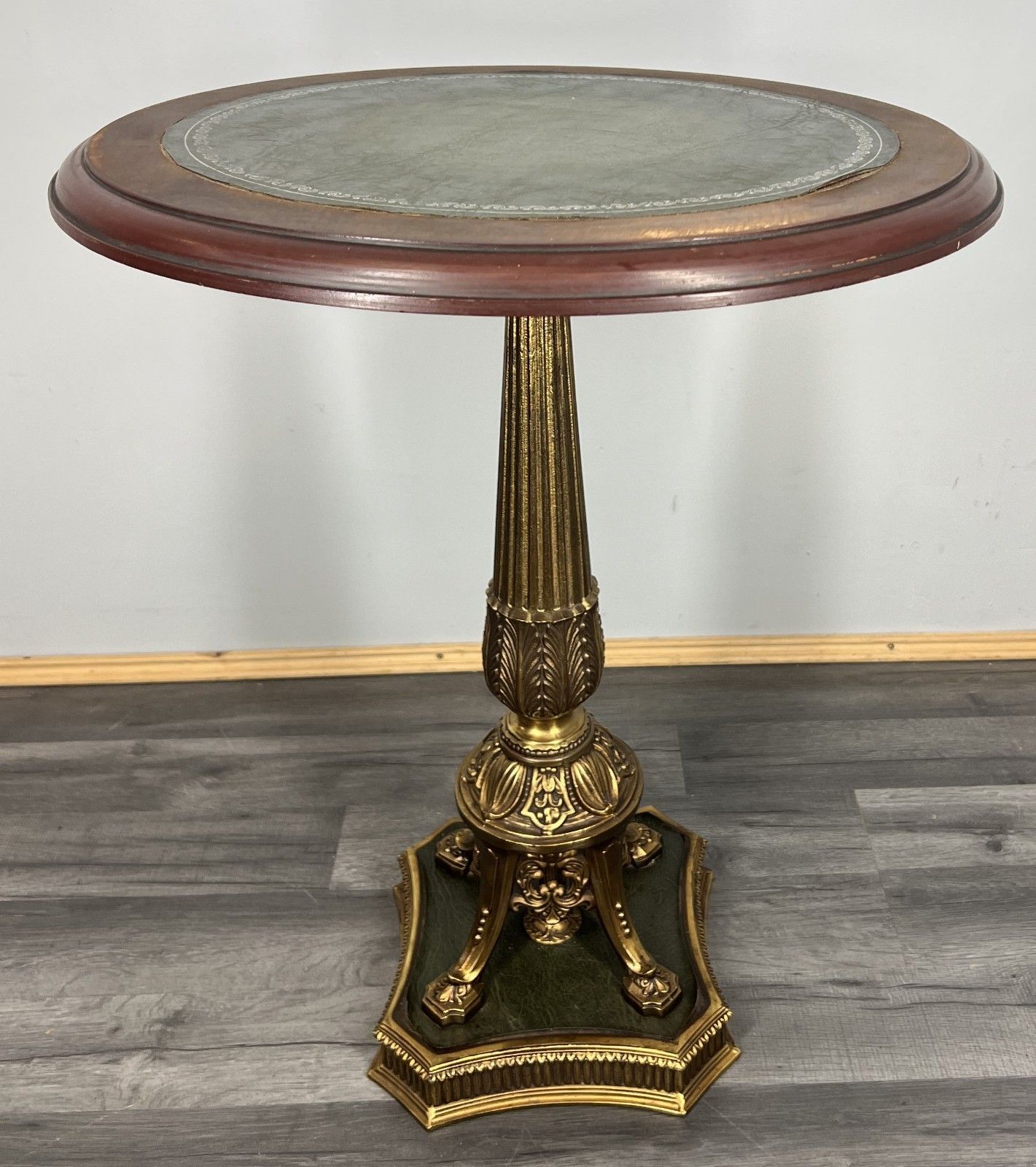 Vintage French Plant Stand Carved Green Leather Brass Base Table Lot 3895
