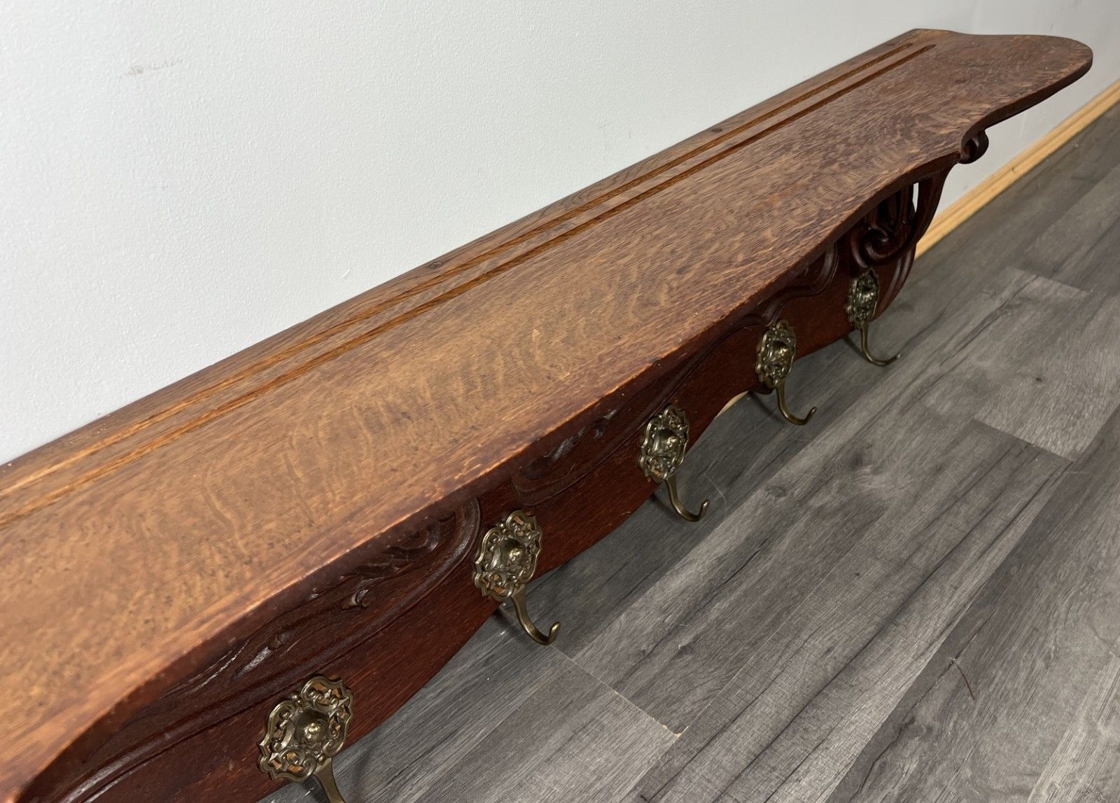 photo furniture French Vintage Coat Rack Oak 7 Hooks Ornate Wall Shelf Carved Coat Lot 3885