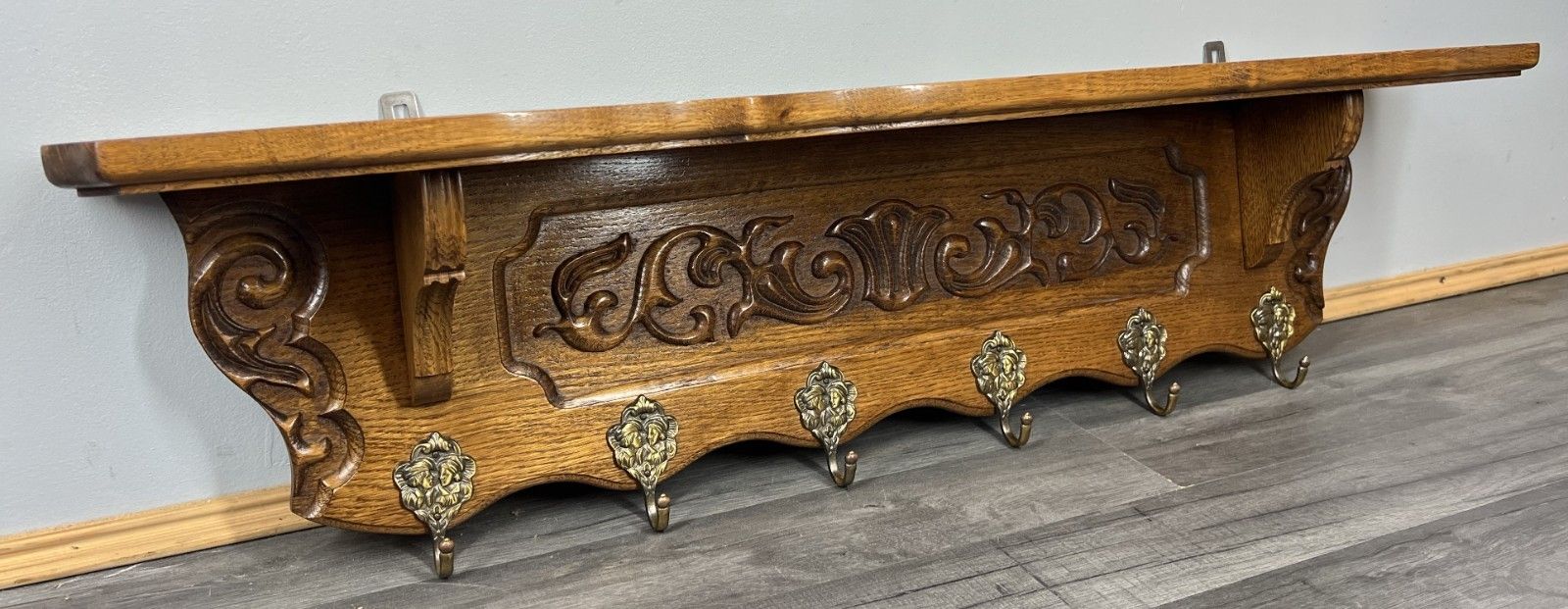 French Vintage Coat Rack Oak 6 Ornate Hooks Wall Shelf Carved Coat Lot 3880