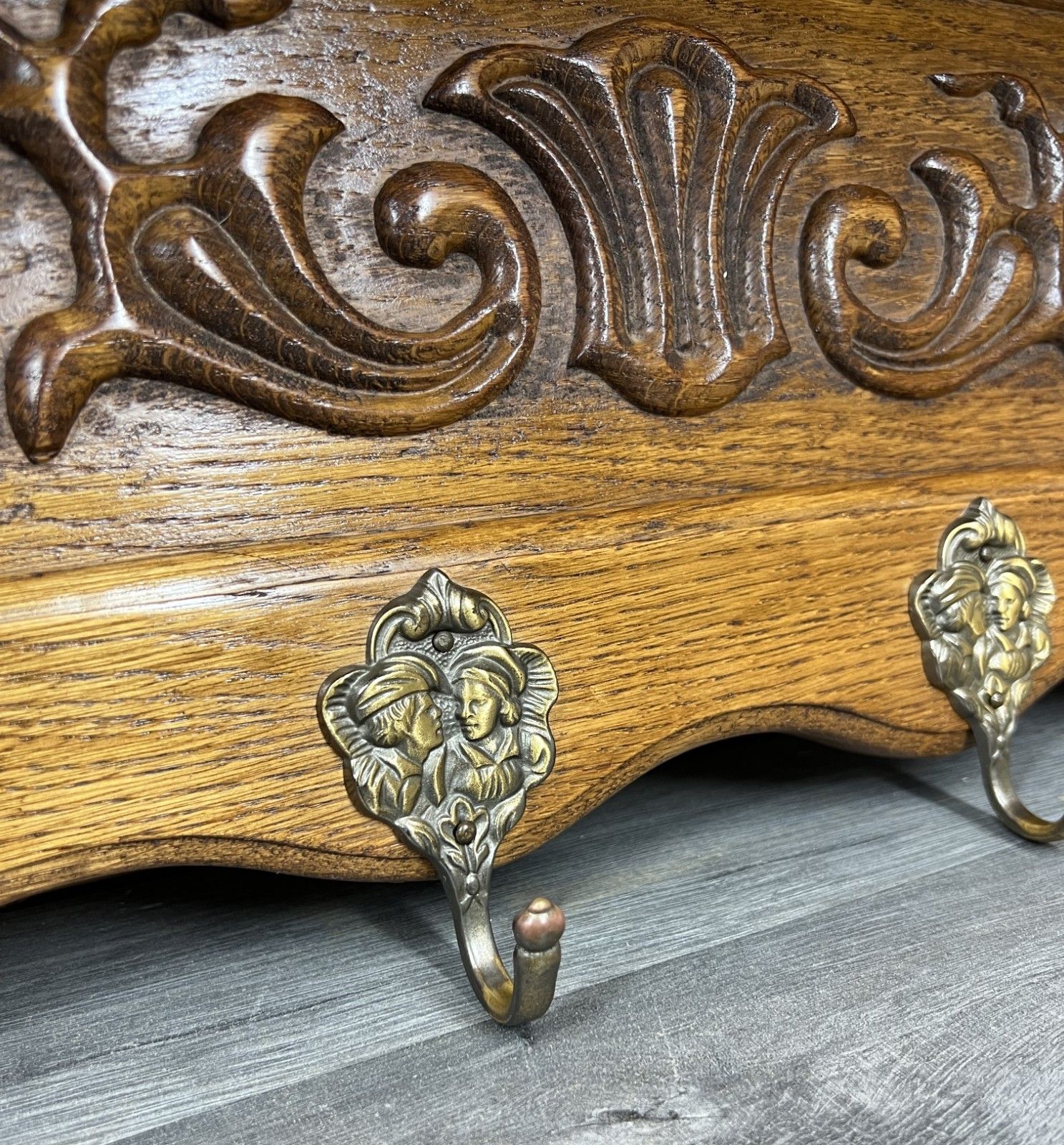 French Vintage Coat Rack Oak 6 Ornate Hooks Wall Shelf Carved Coat Lot 3880 photo 269.0