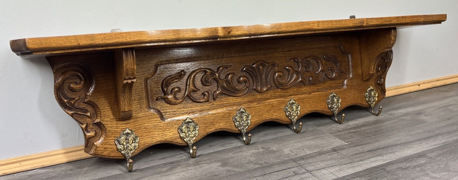 French Vintage Coat Rack Oak 6 Ornate Hooks Wall Shelf Carved Coat Lot 3880 photo vinterior