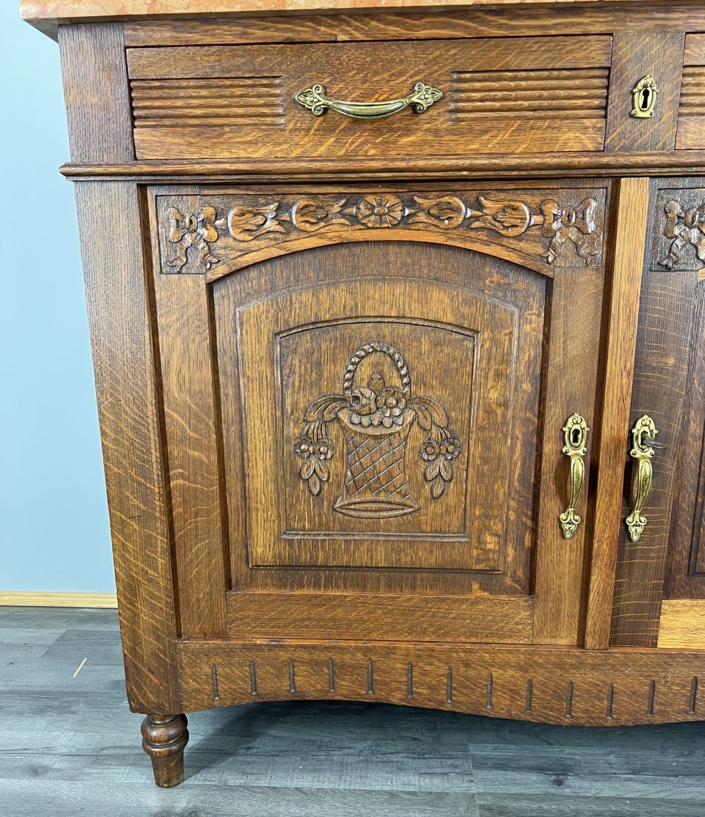 Cabinet Antique French Marble Top Oak Carved With Drawers Sideboard Lot 4070 photo vinterior