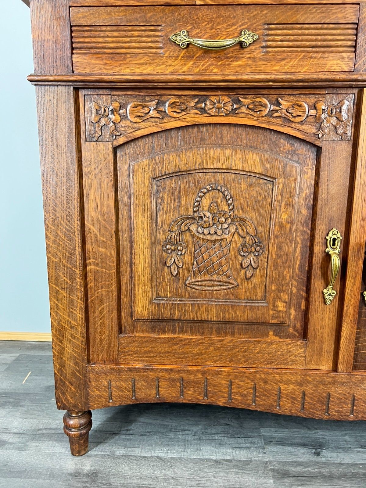 Cabinet Antique French Marble Top Oak Carved With Drawers Sideboard Lot 4070 photo vintage