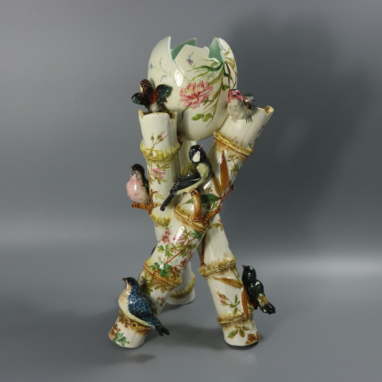 Delphin Massier Majolica Birds On Bamboo Vase