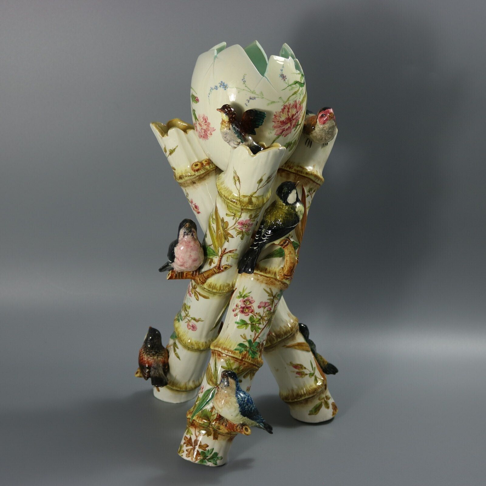 Delphin Massier Majolica Birds On Bamboo Vase photo furniture