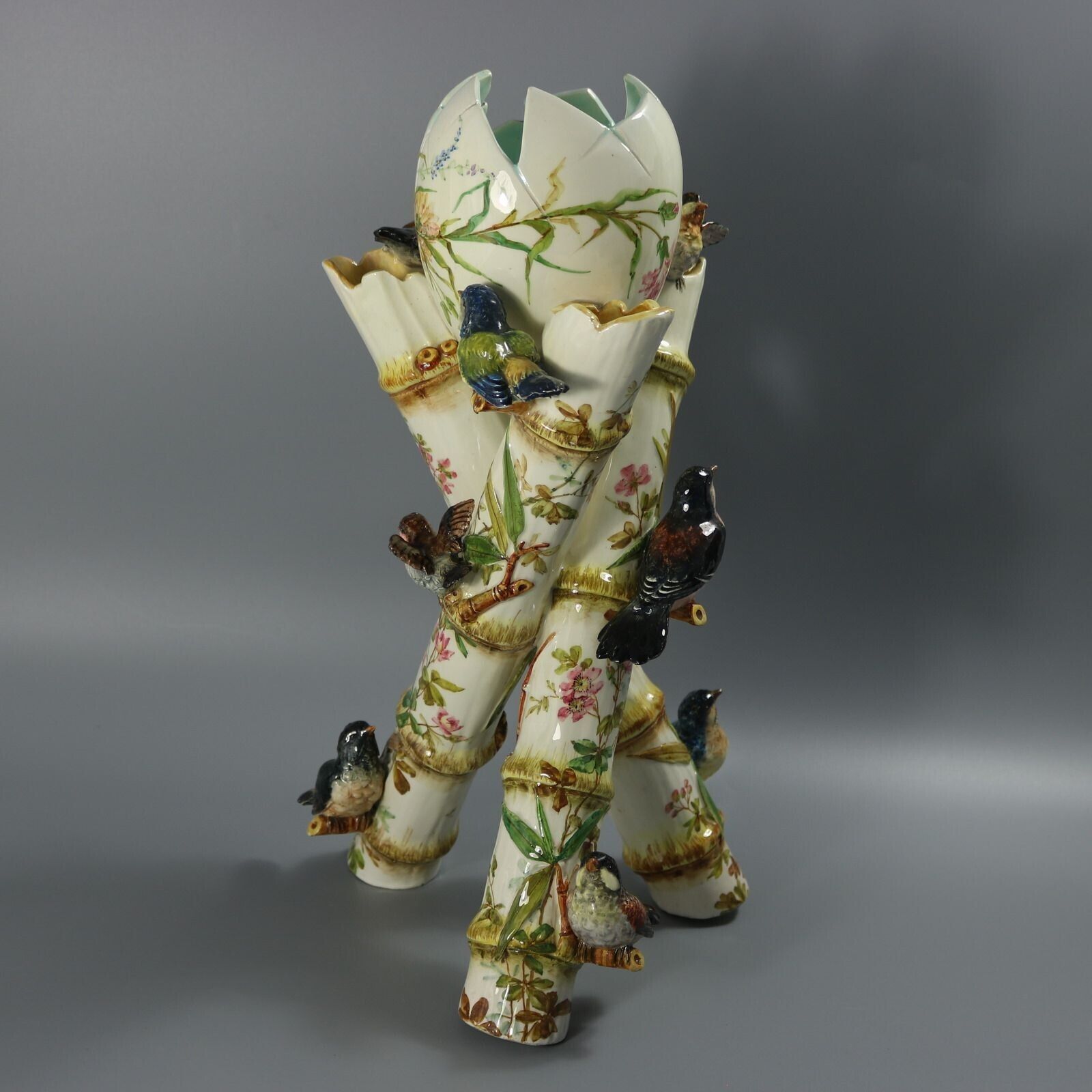 Delphin Massier Majolica Birds On Bamboo Vase photo 2765.0