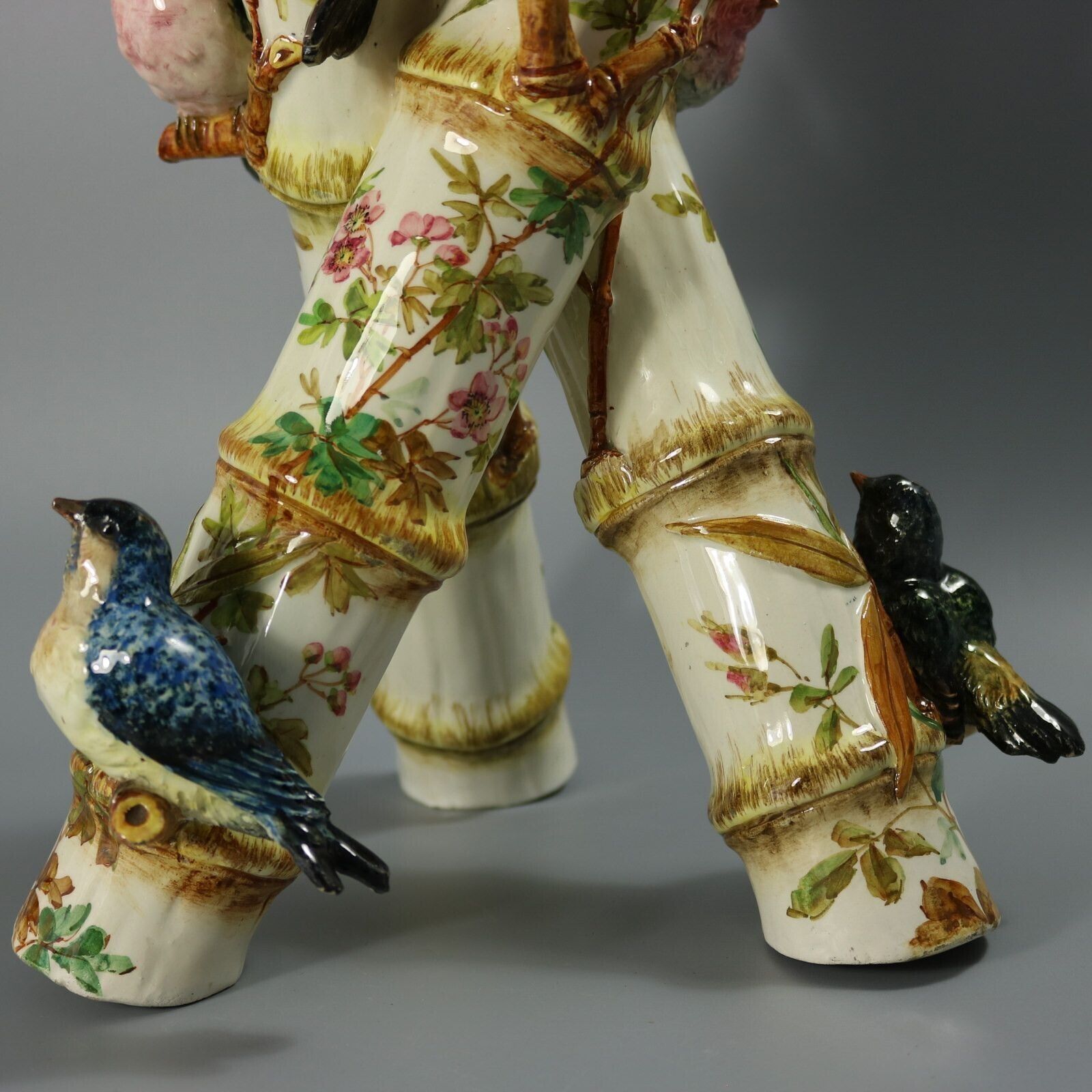 photo furniture Delphin Massier Majolica Birds On Bamboo Vase
