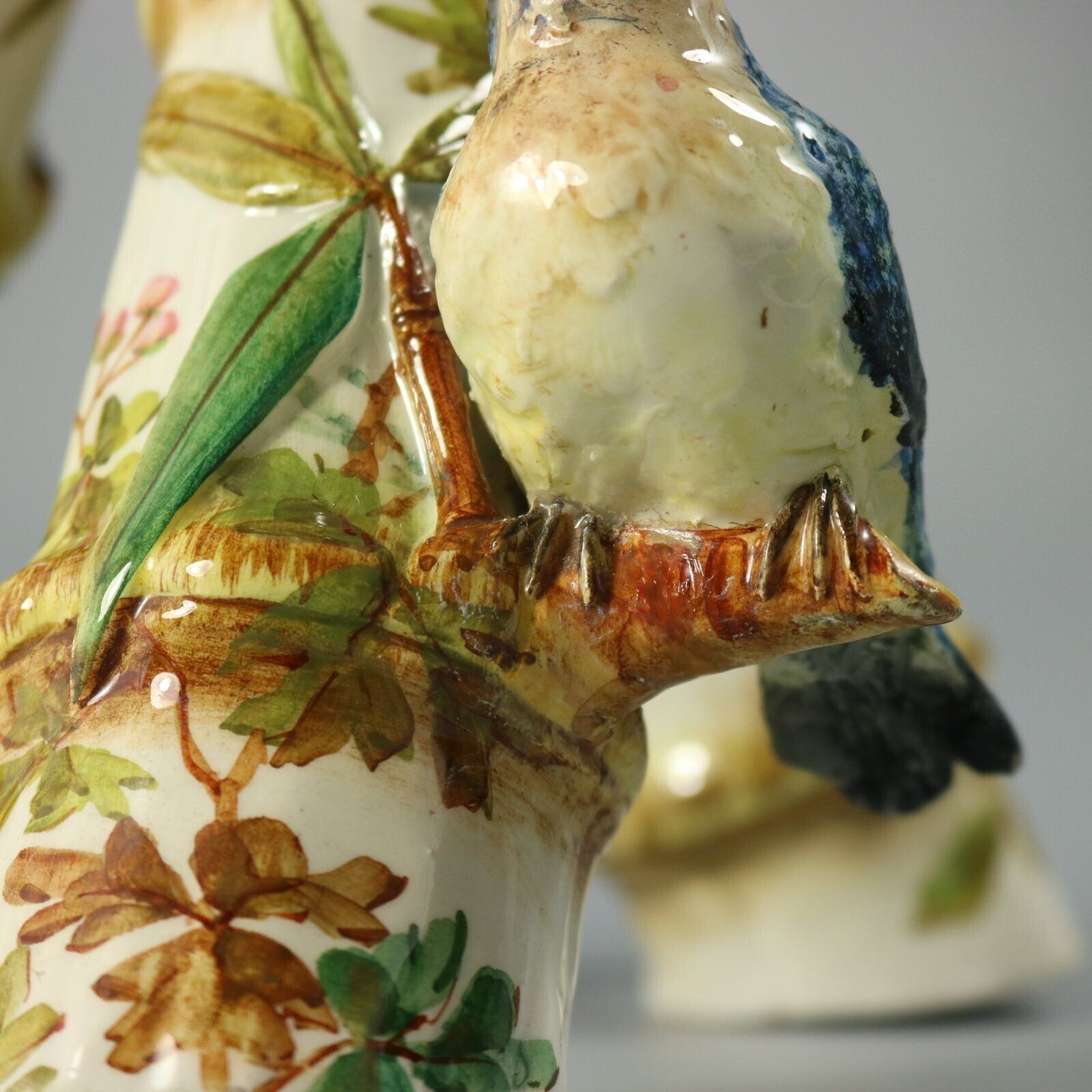 photo vinterior Delphin Massier Majolica Birds On Bamboo Vase