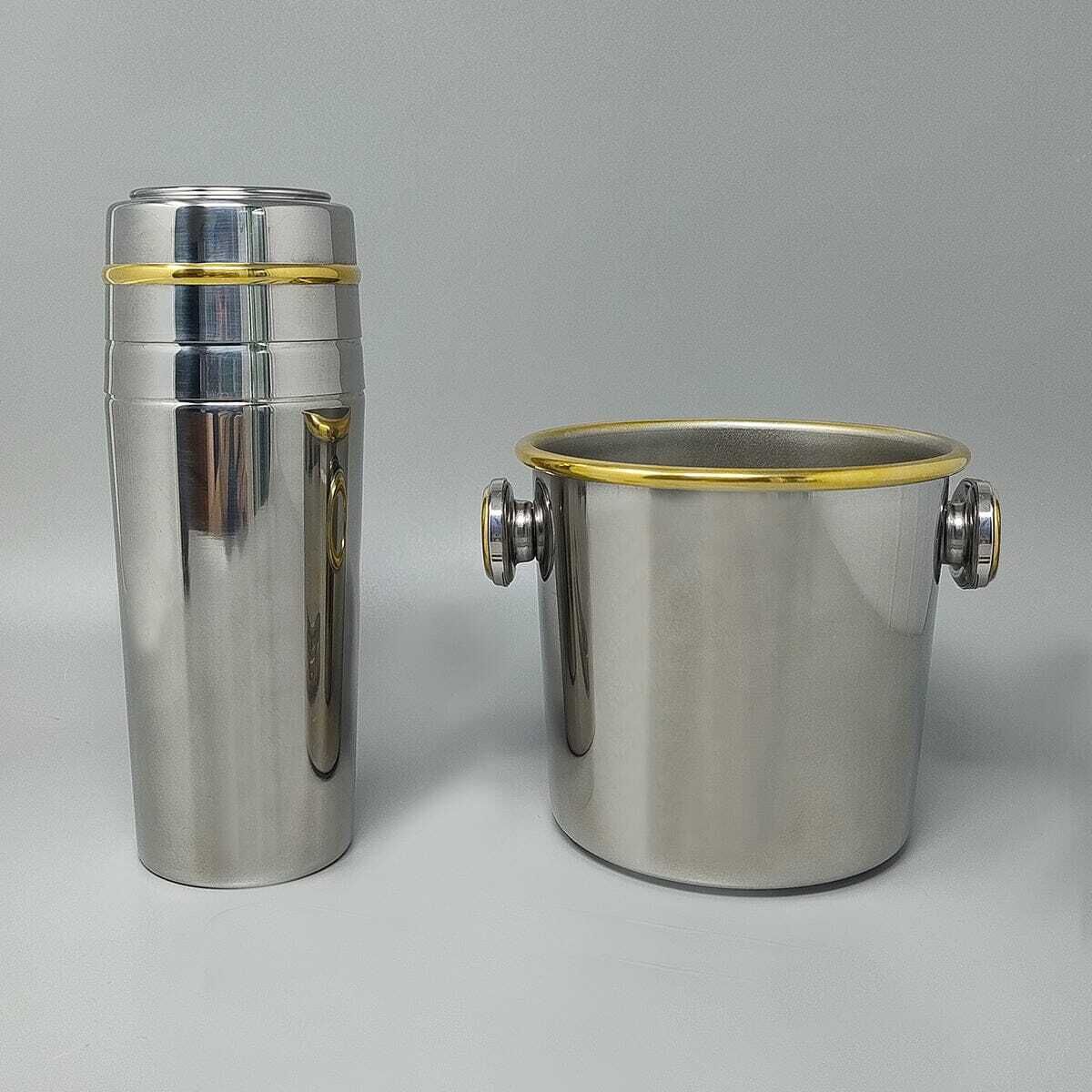 1970s Gorgeous Cocktail Shaker In Gold 24k And Stainless Steel With Ice Bucket By Mepra. Made In Italy photo for sale