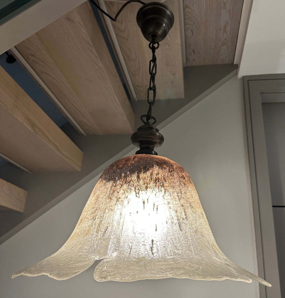 1970s German Peill & Putzler Glass & Brass "Flower" Pendant Light photo vinterior