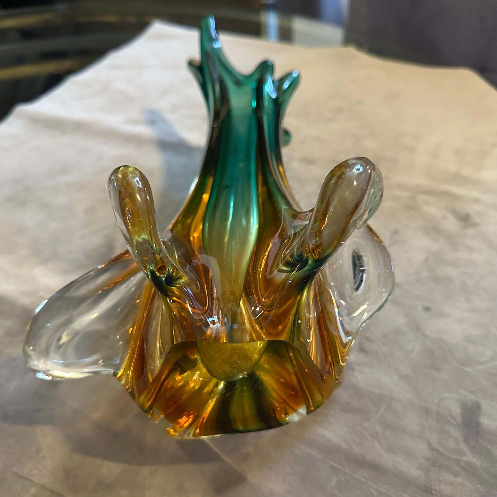 1970s Seguso Style Green And Yellow Sommerso Murano Glass Sculptural Vase photo buy