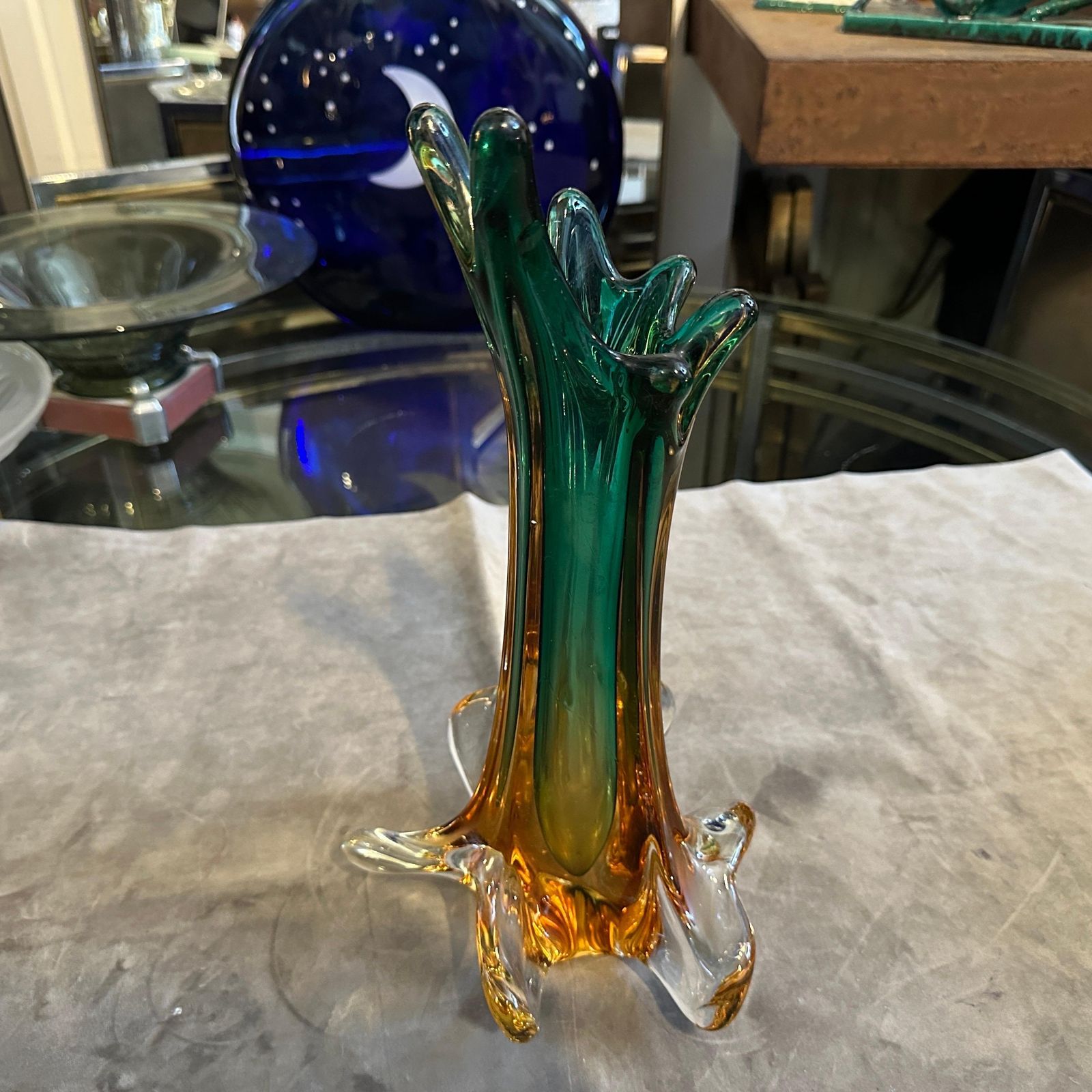 photo furniture 1970s Seguso Style Green And Yellow Sommerso Murano Glass Sculptural Vase