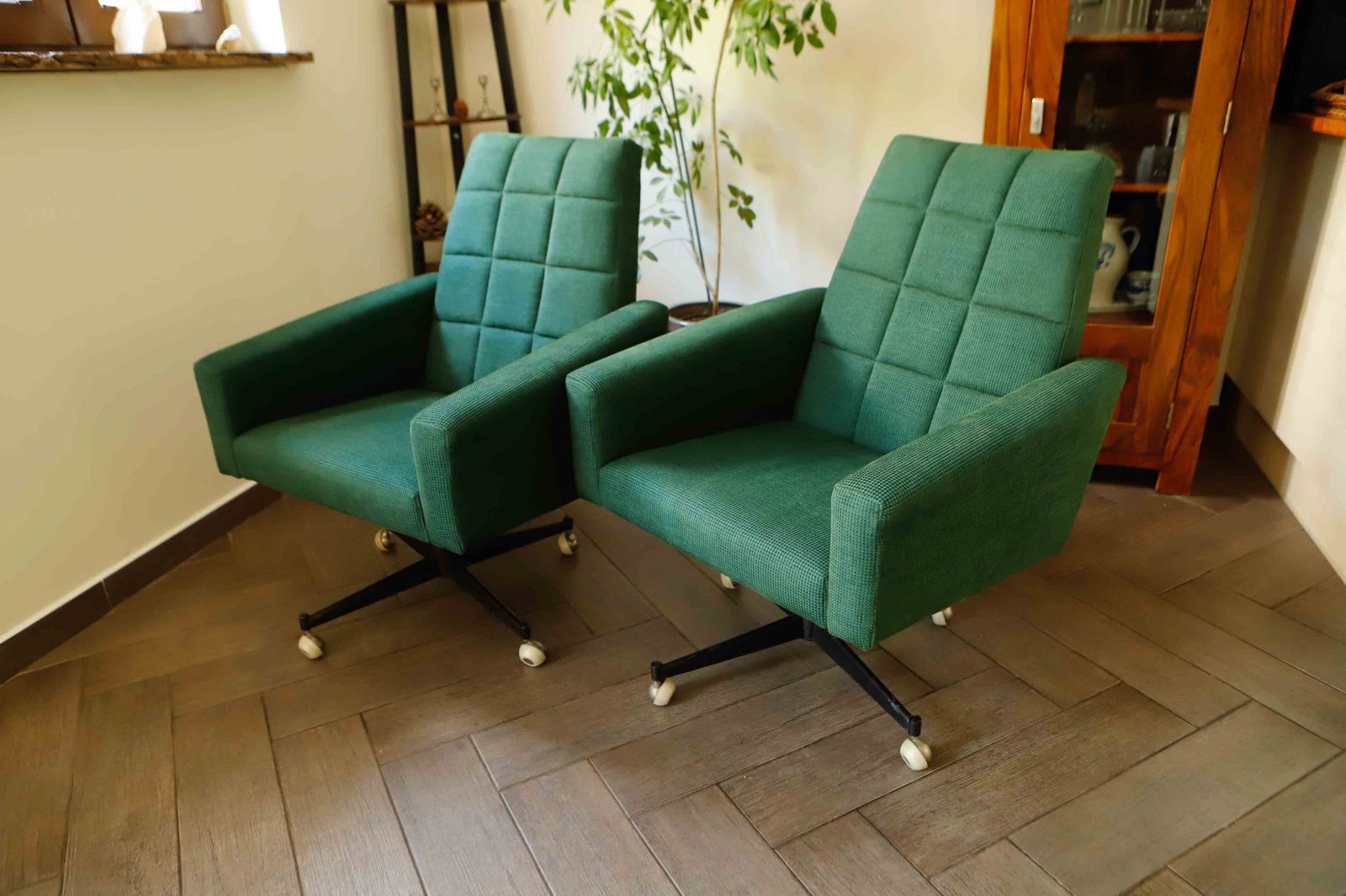 Pair Of Retro Swivel Chairs On Casters photo for sale