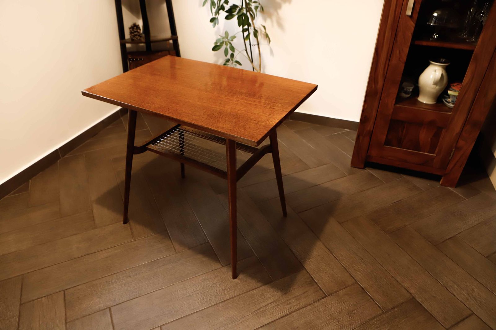 Brussels Style Retro Table With Woven Shelf – Dřevopodnik Holešov, 1960s photo 245.0