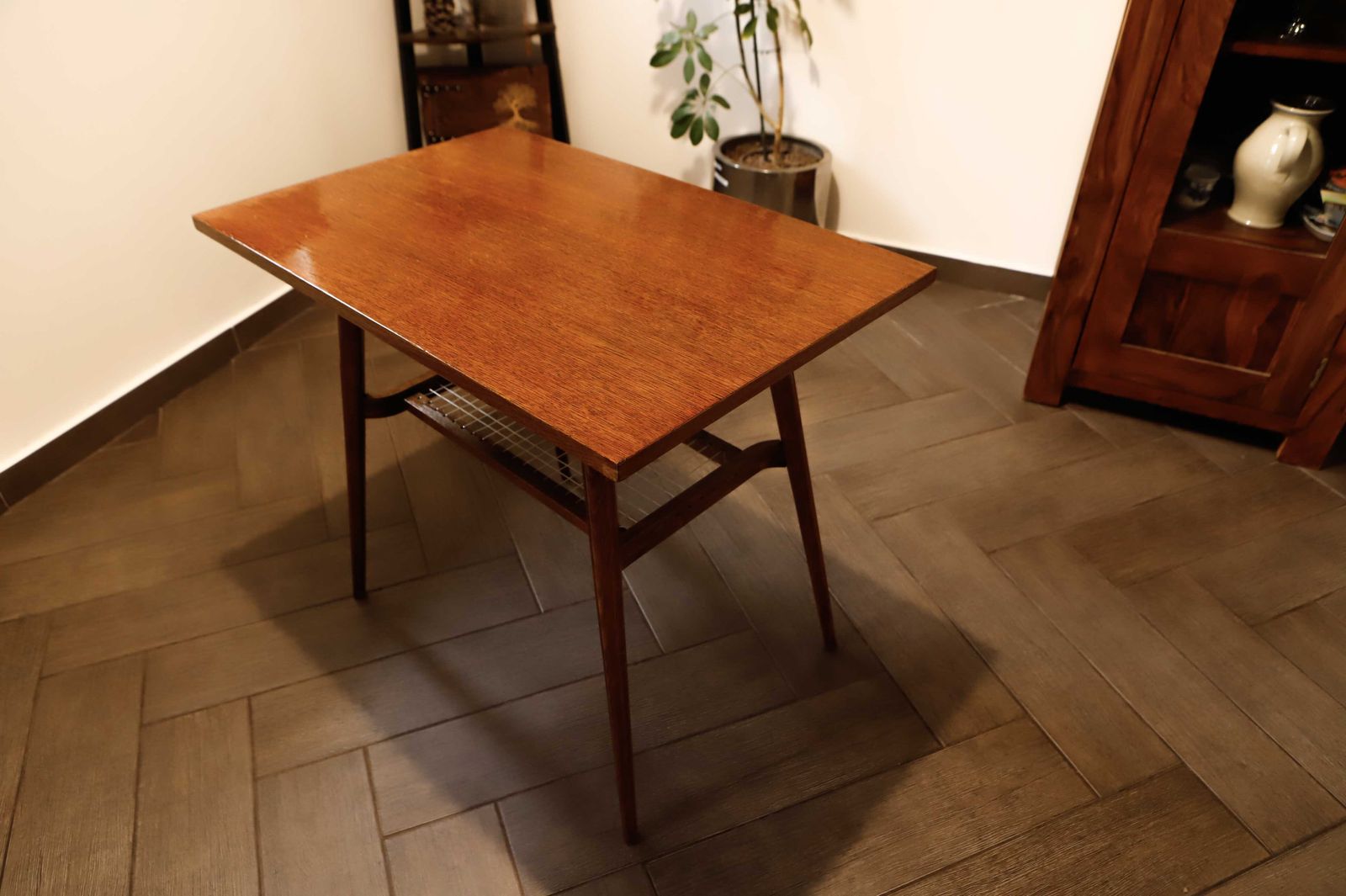 Brussels Style Retro Table With Woven Shelf – Dřevopodnik Holešov, 1960s photo buy