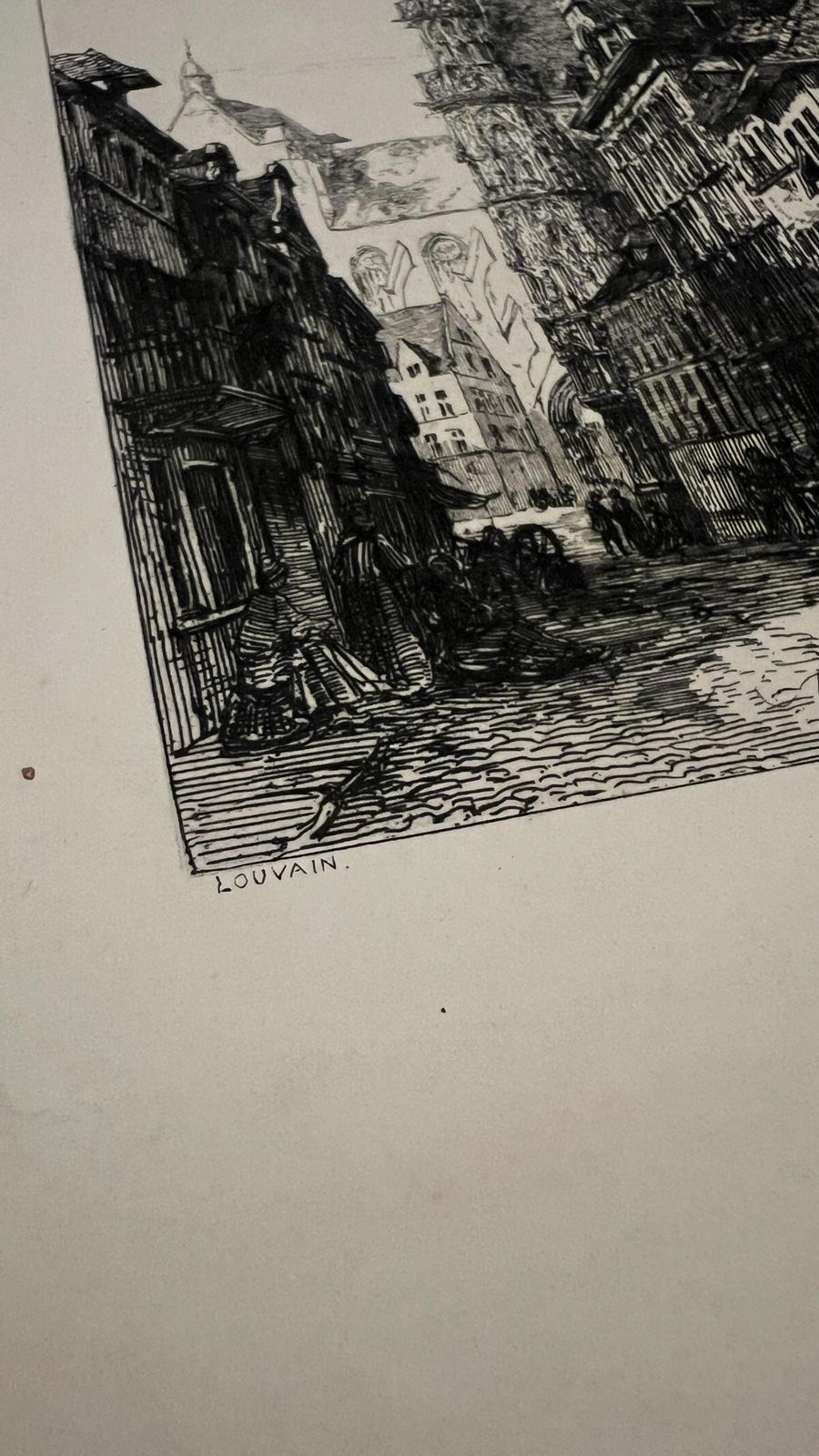 Antique 1878 Louvain Belgium Architectural Etching By Sir Ernest George | Historic City View With Hotel De Ville & Cathedral Spire photo for sale