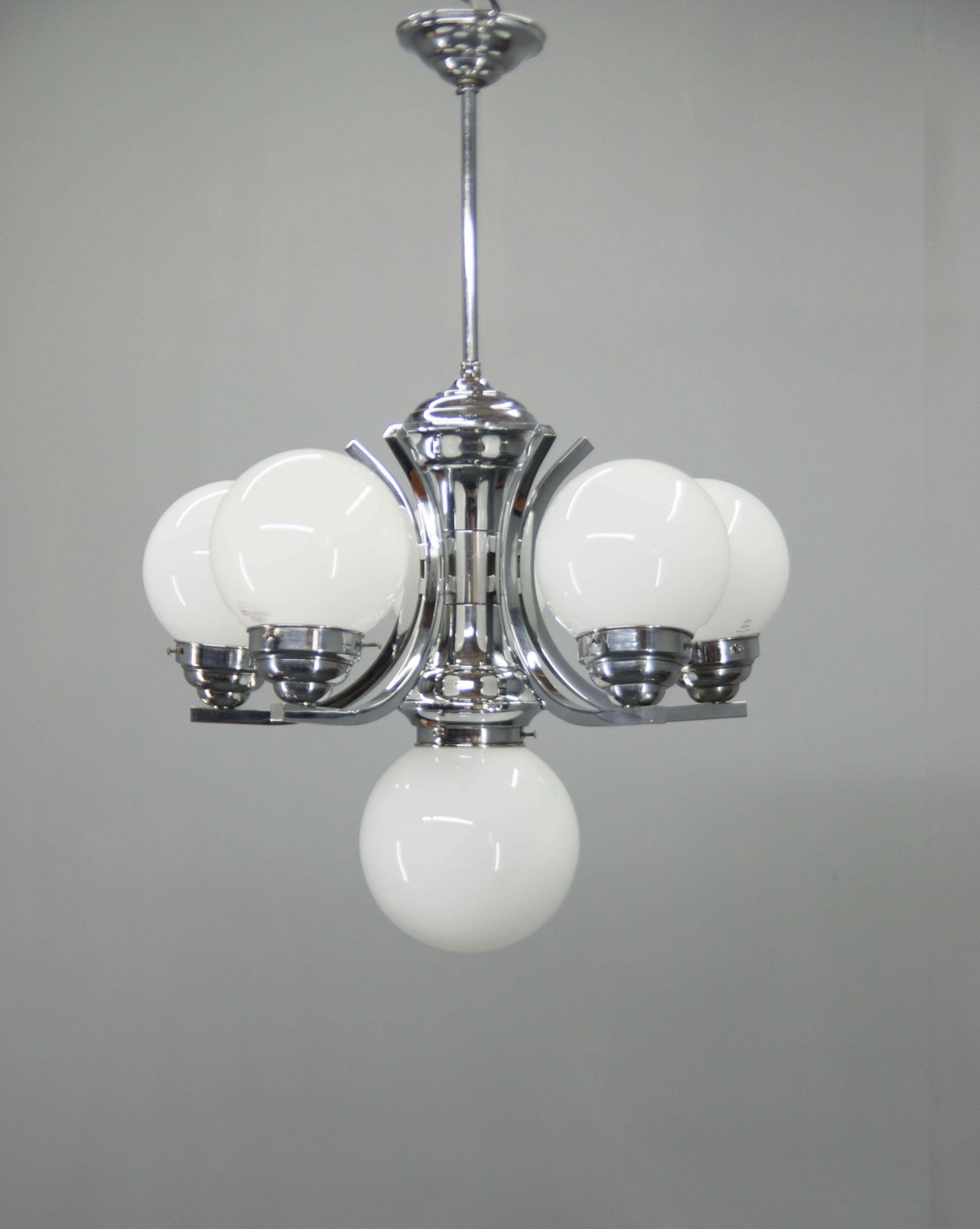 Big Art Deco 6 Flamming Chrome And Glass Chandelier, 1930s photo Lighting