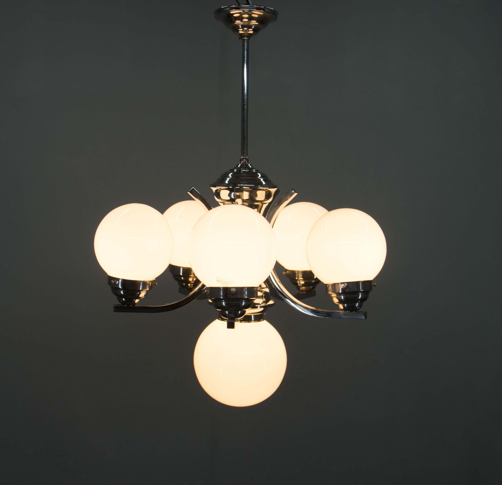 photo furniture Big Art Deco 6 Flamming Chrome And Glass Chandelier, 1930s