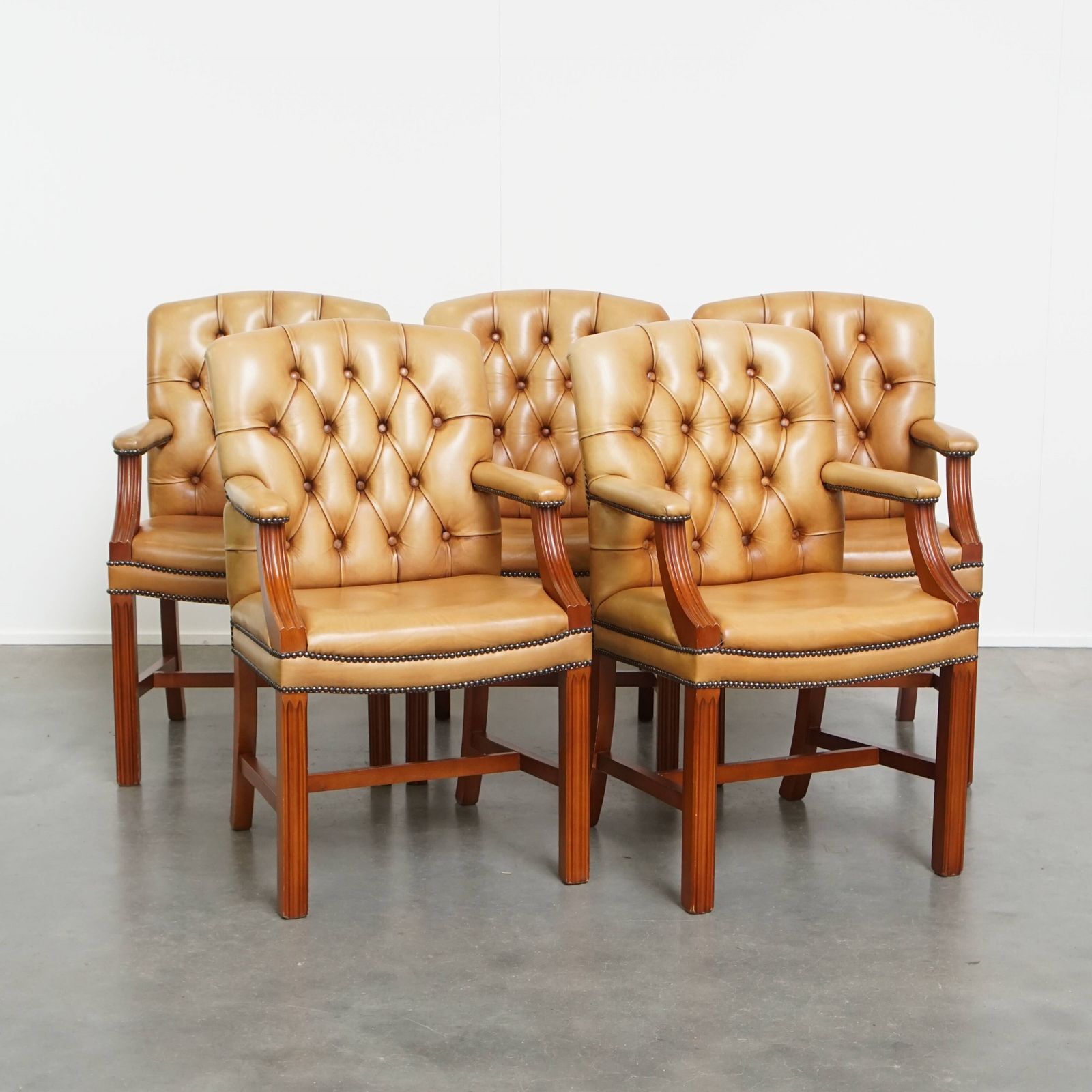 Set Of 5 Beautiful And Luxurious Cowhide Chesterfield Dining/Meeting Chairs In A Light Cognac Color