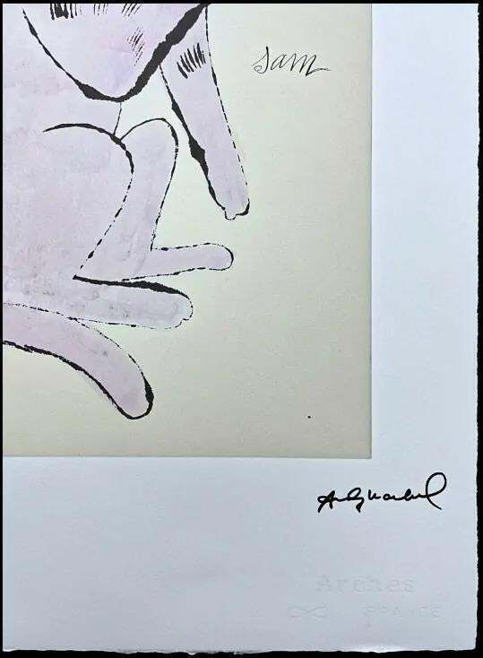 After Andy Warhol, Cat Sam Beige Purple, 1980s, Lithograph photo furniture