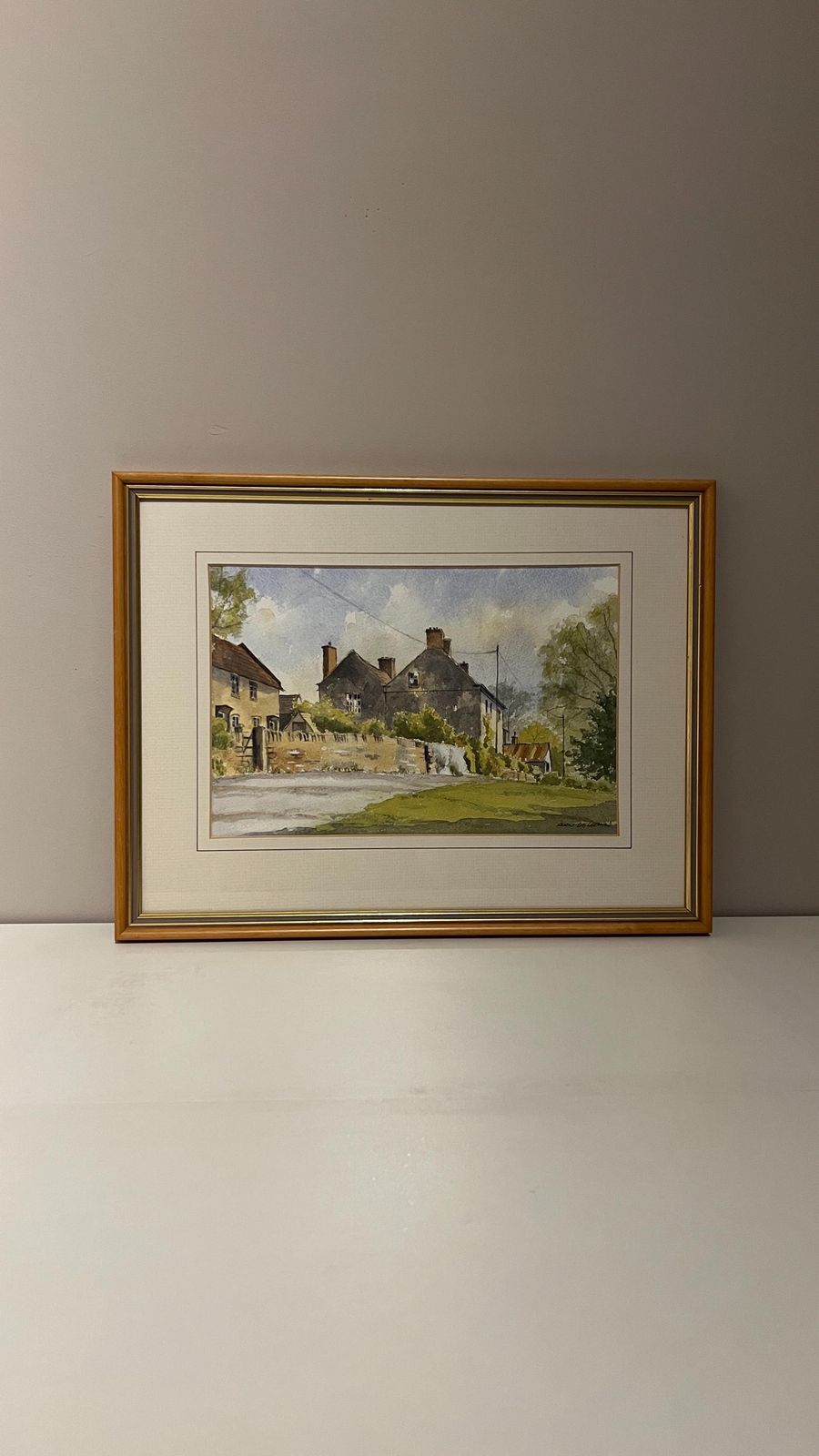 Charming Framed Watercolour Of Tissington Village, Derbyshire With Custom Natural Wood Frame photo furniture