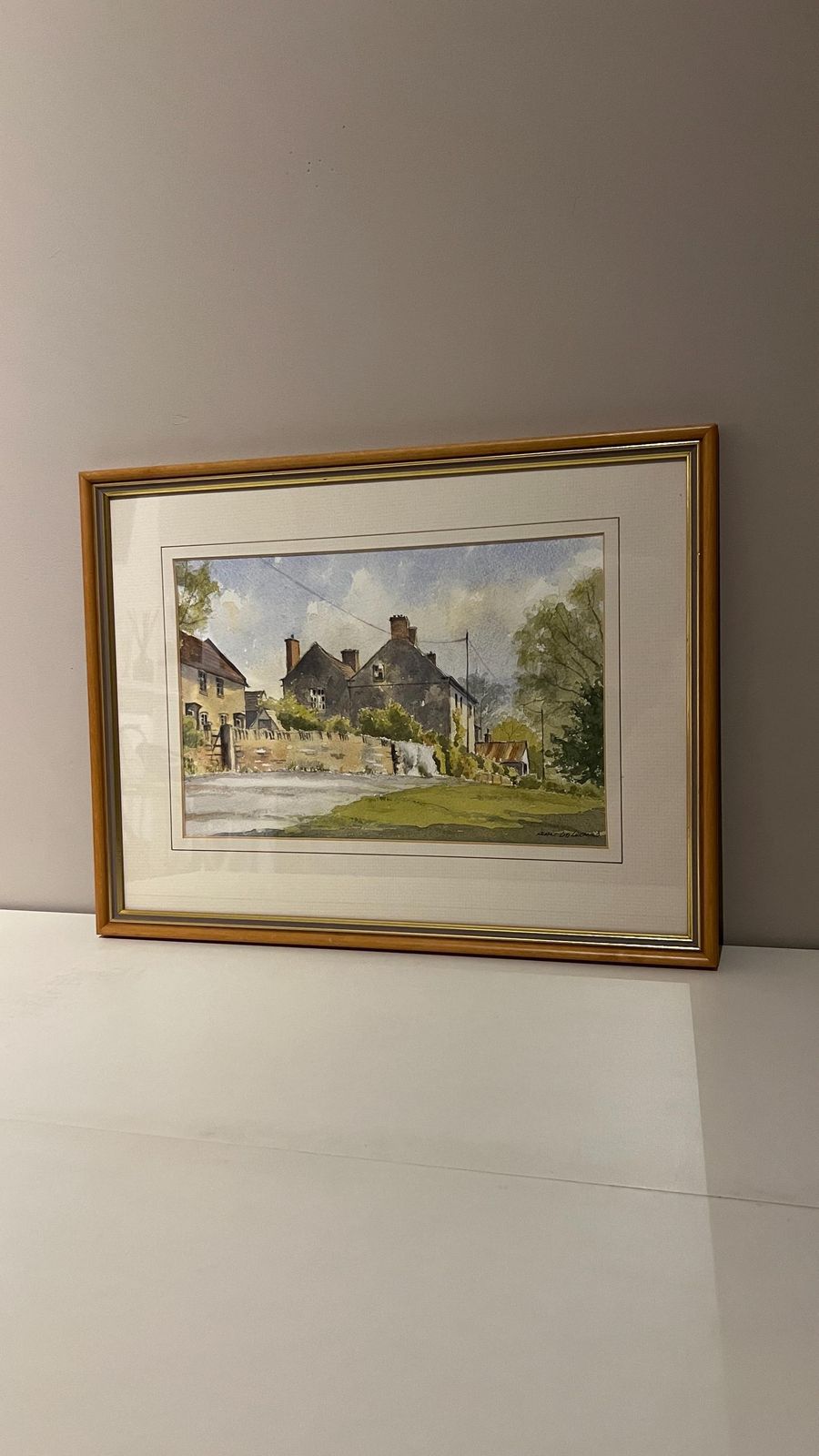 photo for sale Charming Framed Watercolour Of Tissington Village, Derbyshire With Custom Natural Wood Frame