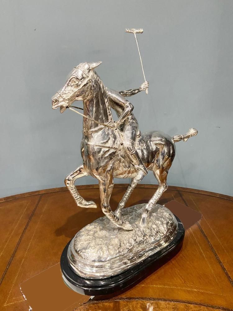 Silver Plated Polo Player Bronze Statue Horse Jockey Plate photo furniture