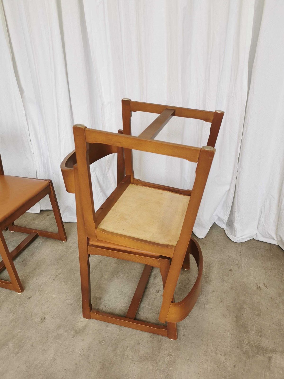 photo for sale 1 Of 5 Vintage Dining Chairs / 1970s Mid Century Wooden Sculptural Design With Brown Caramel Faux Leather Seats / Italian Modernist Design