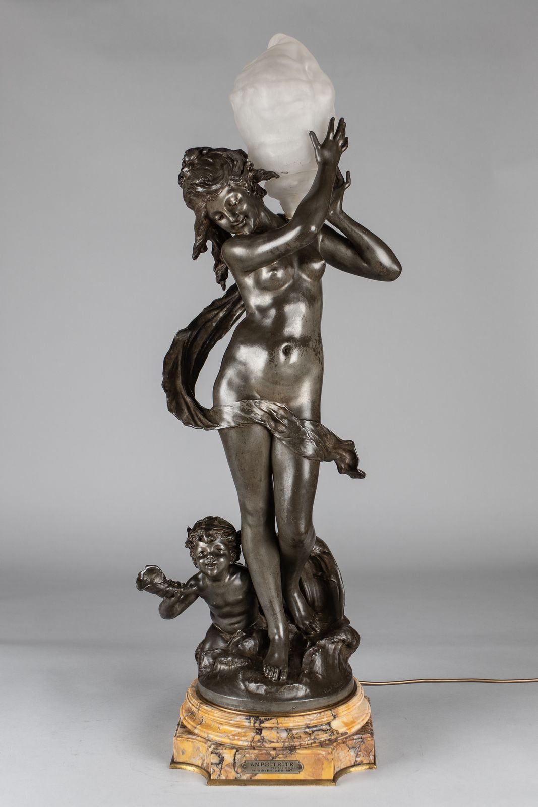 A Stunning 19th Century French Silvered Spelter Figural Lamp Sculpture, Signed Auguste Moreau