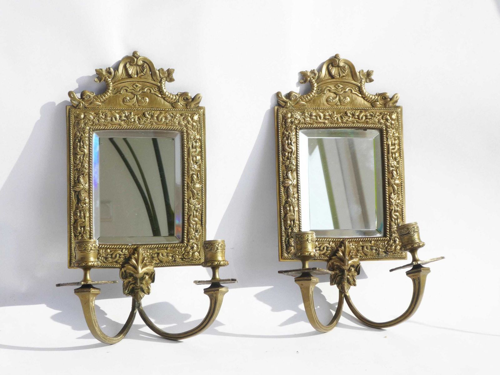Antique Set Of Bronze Candelabras With Beveled Mirror, French Ornate Wall Sconces, Candlesticks