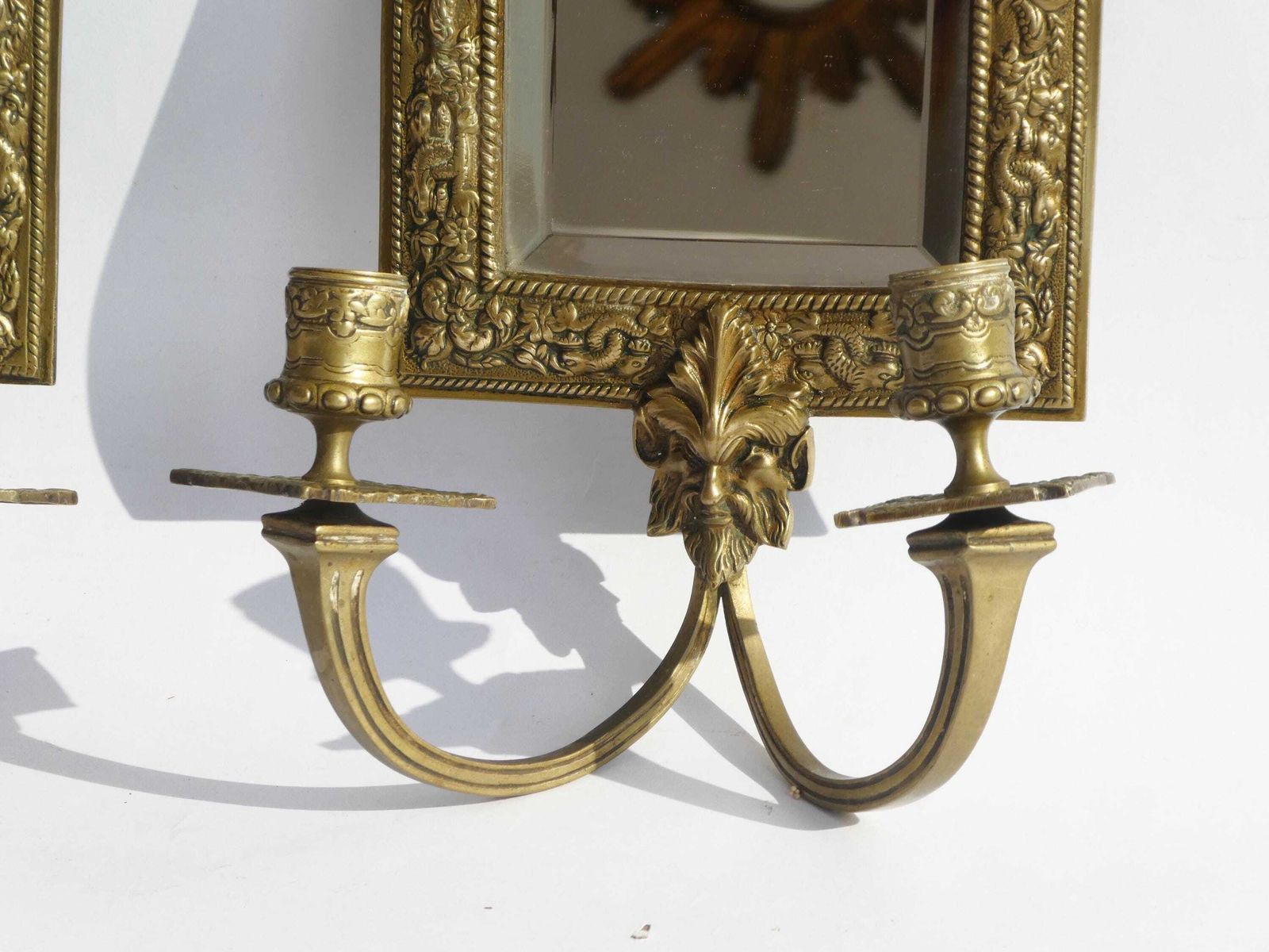 Antique Set Of Bronze Candelabras With Beveled Mirror, French Ornate Wall Sconces, Candlesticks photo vinterior