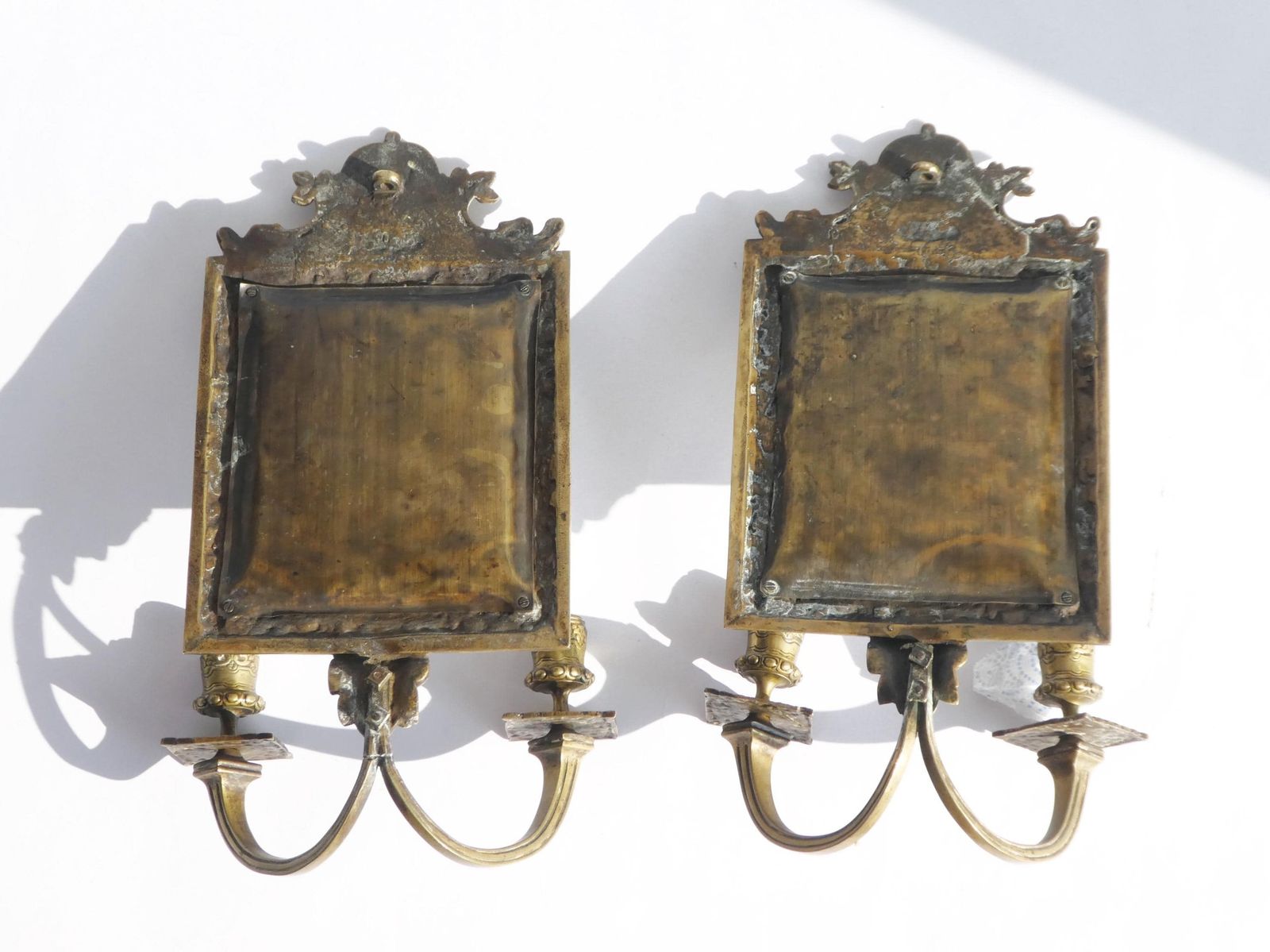 Antique Set Of Bronze Candelabras With Beveled Mirror, French Ornate Wall Sconces, Candlesticks photo vintage