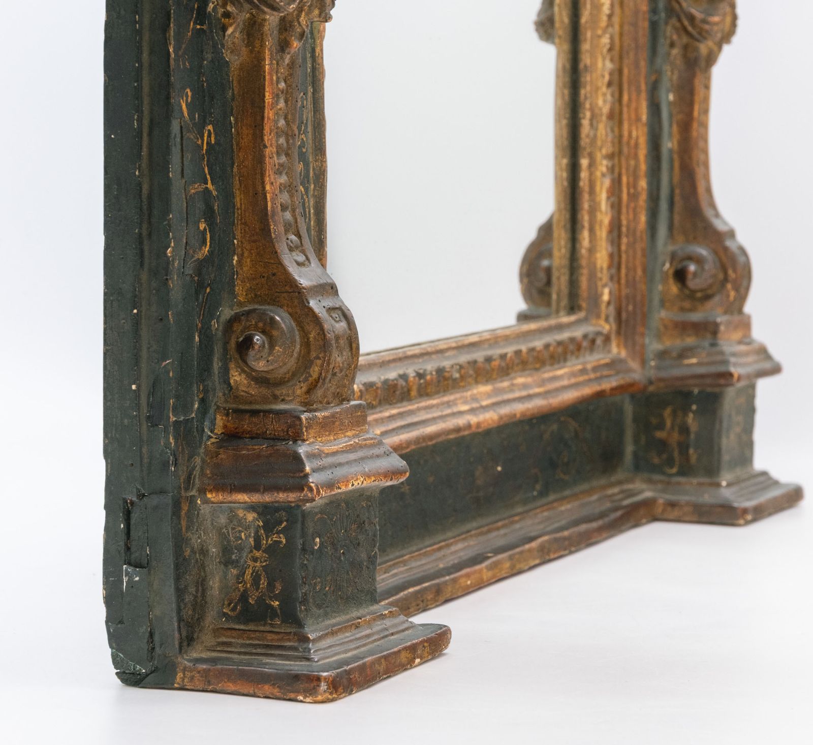 18th Century Italian Giltwood & Prussian Blue Painted Wall Mirror With Caryatid Side Columns photo for sale